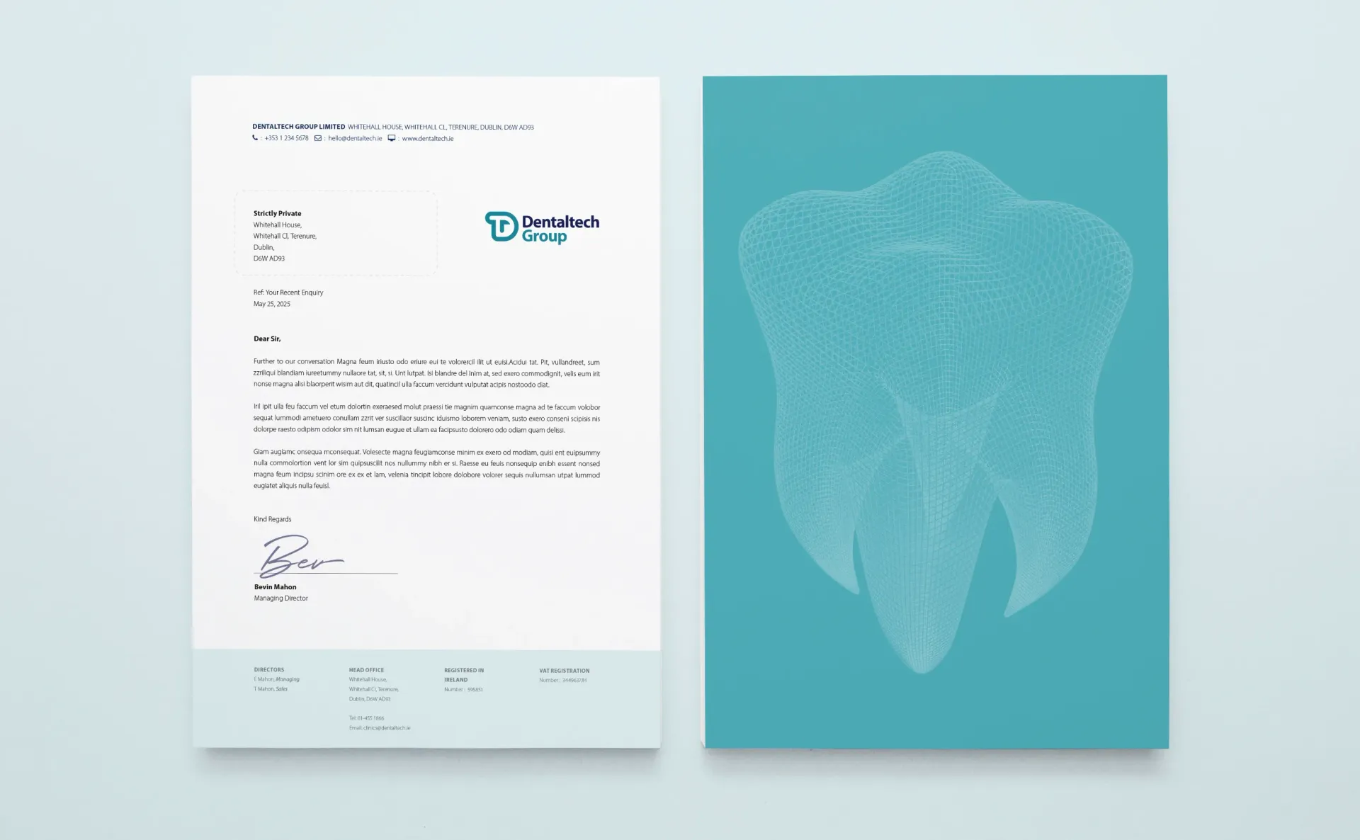 Letterhead with a logo and a tooth graphic on a teal background.