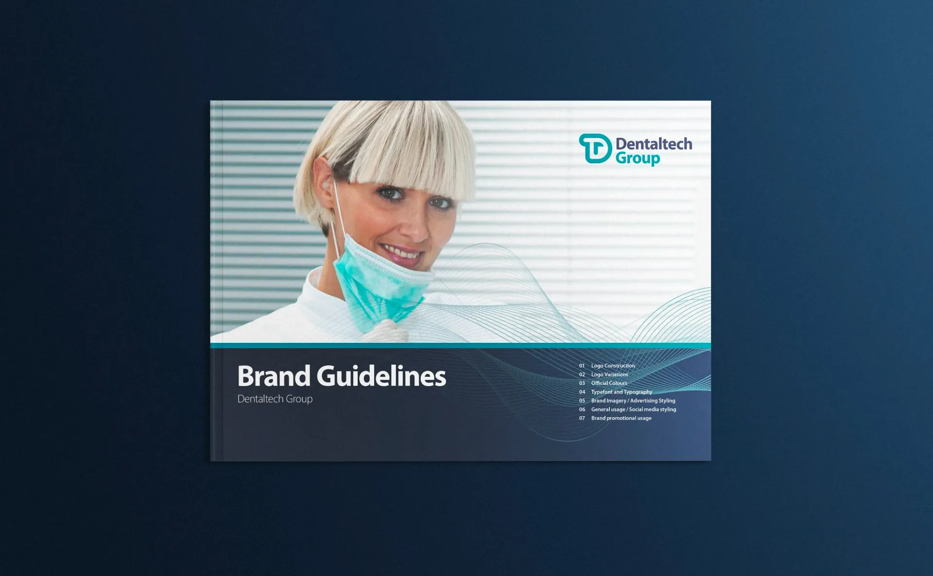 Brand guidelines booklet with dental professional, teal and black design.