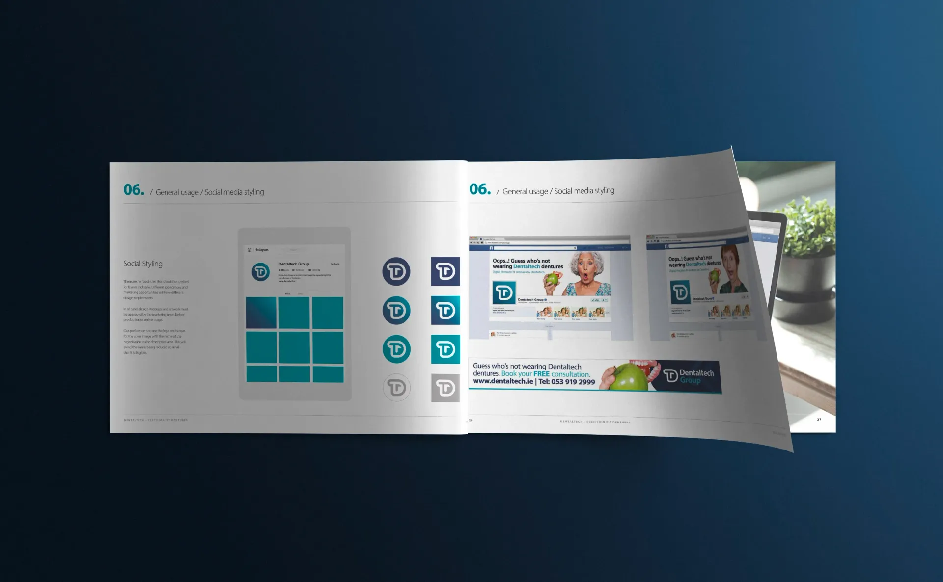 Brochure with screenshots of a mobile app interface, website, and logo in teal and white, on a blue gradient background.