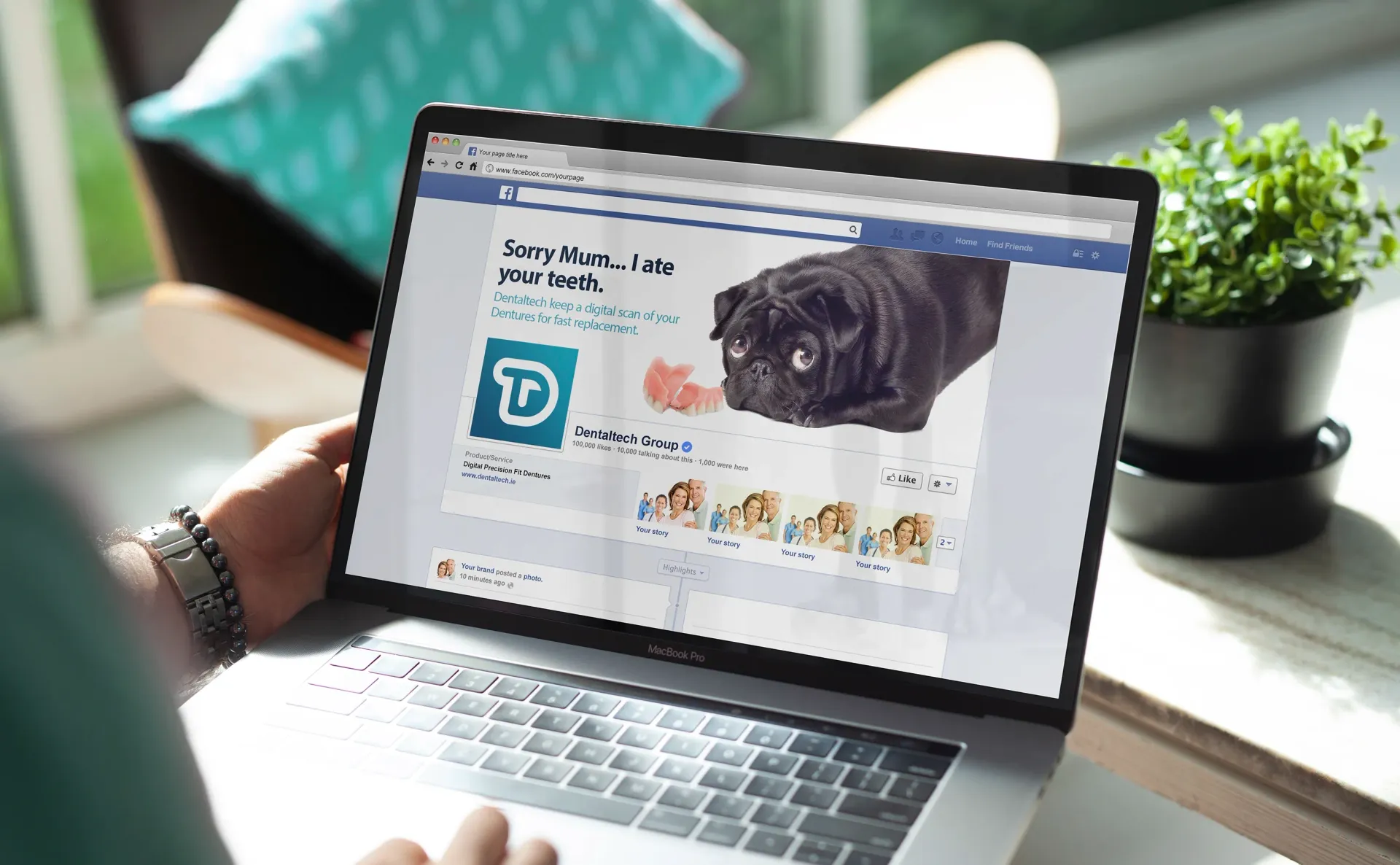 Person using laptop, Facebook page visible with pug image.
