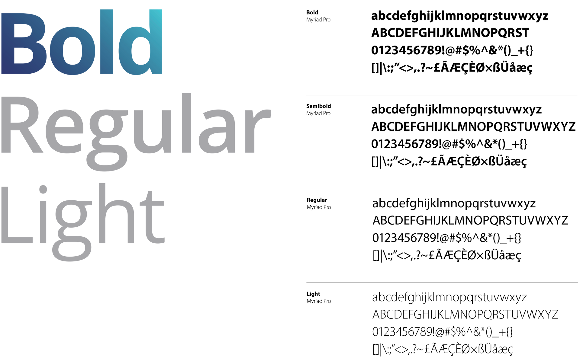 Font styles: Bold, Regular, Light, with sample text showcasing font variations and characters.