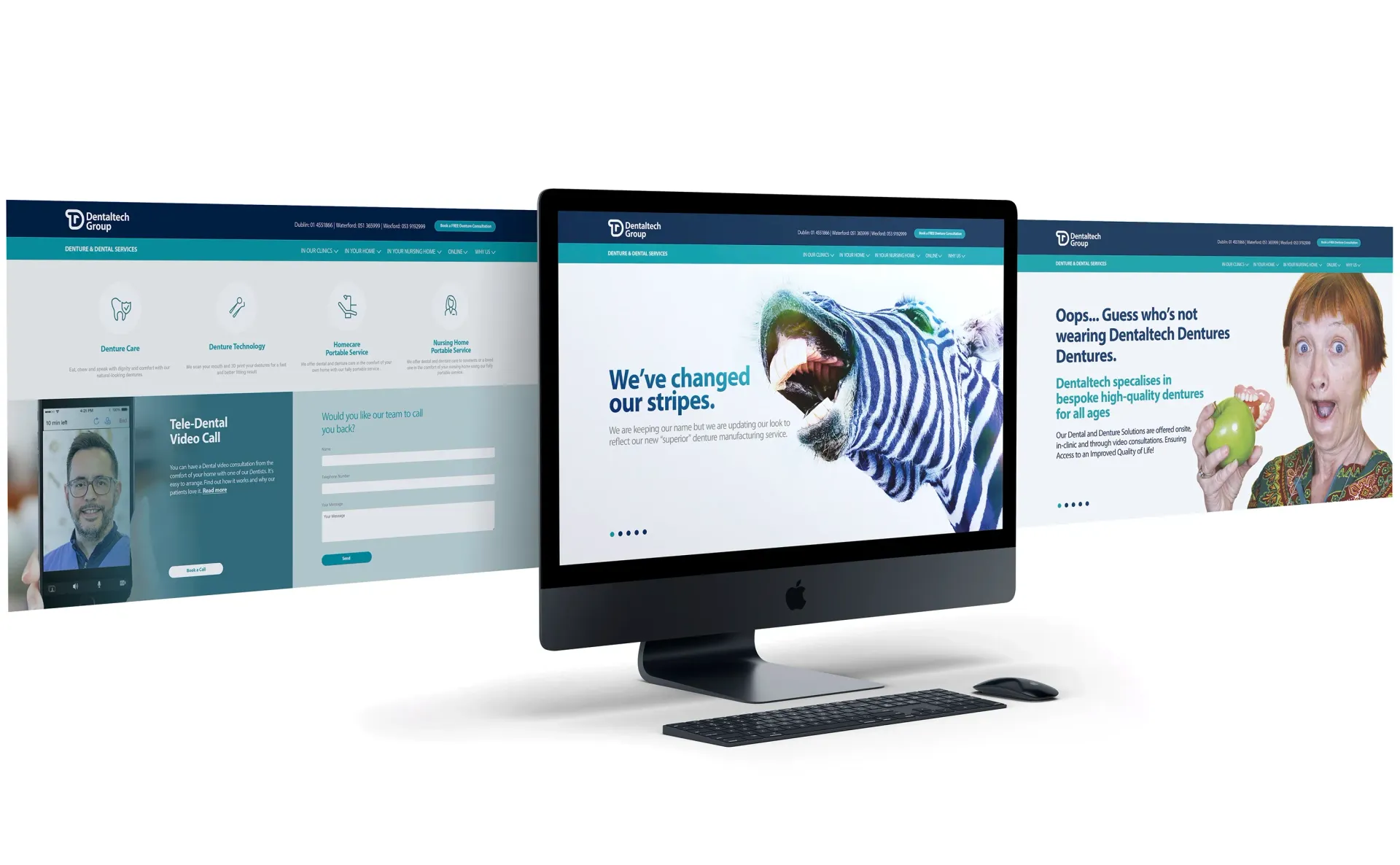 Desktop computer displaying website with teal and white design, plus two supporting website views.