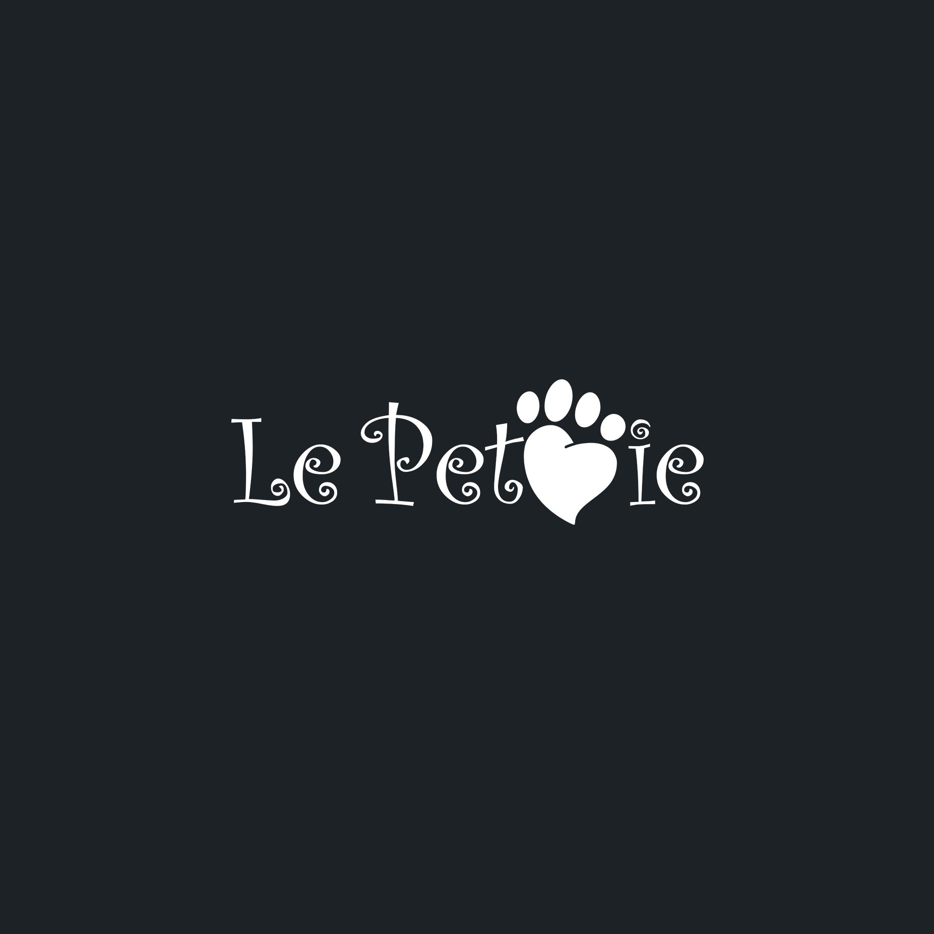 Le Petie logo with white script text and a paw print heart on dark background.