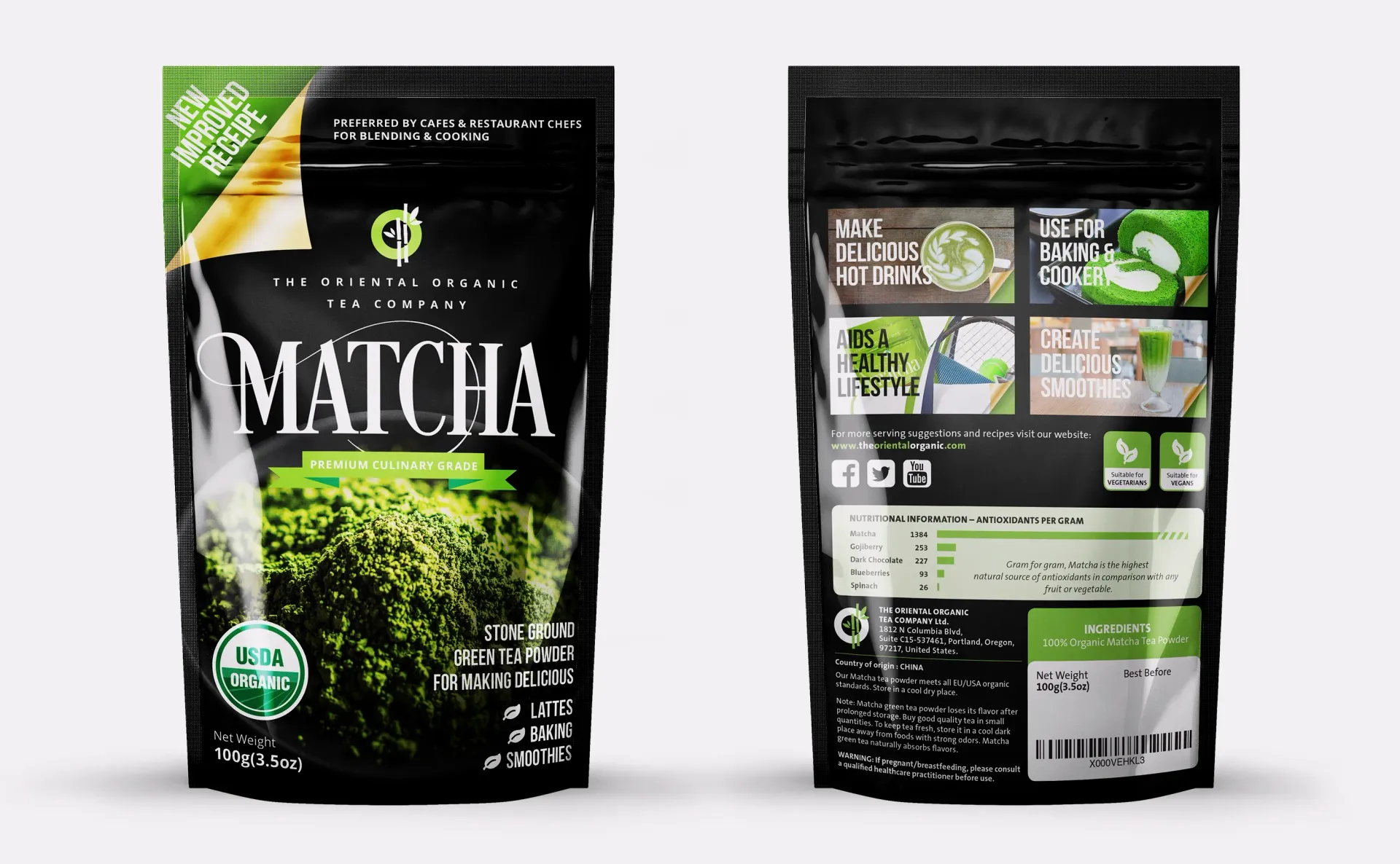 Matcha tea powder bag, black and green, front and back, with product info and a close-up of green powder.
