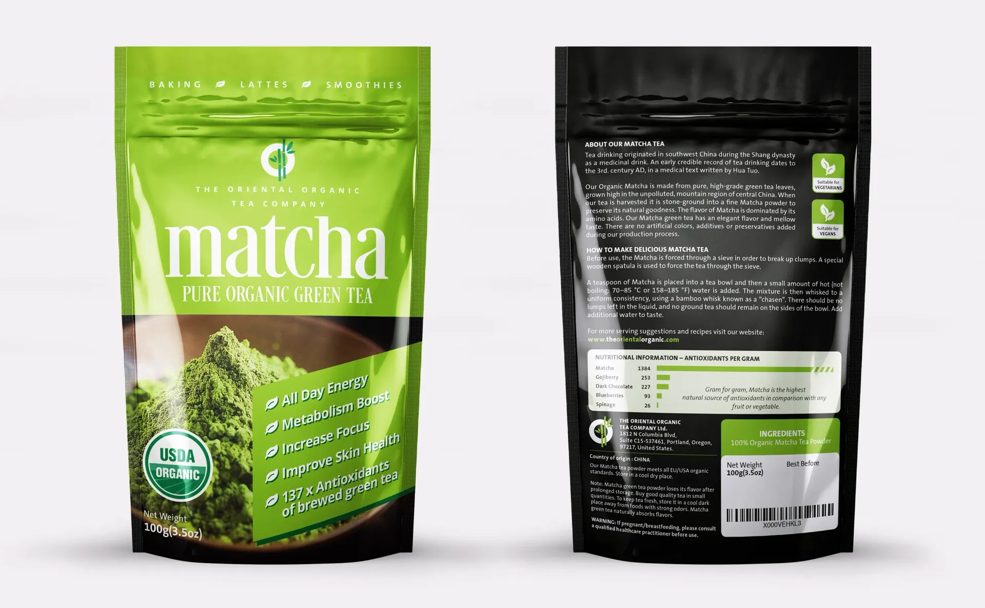 Green matcha tea bag, front and back view, displaying product name, image of matcha, and nutritional information.
