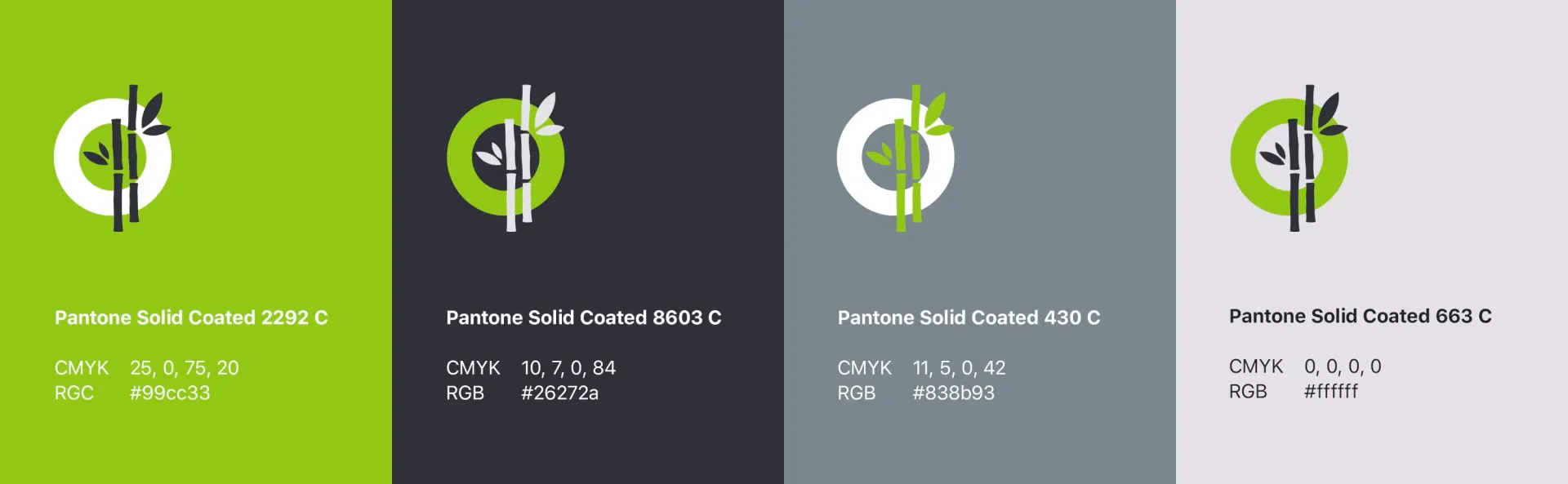 Four logo variations with a bamboo design, varying backgrounds (green, dark gray, gray, light gray).