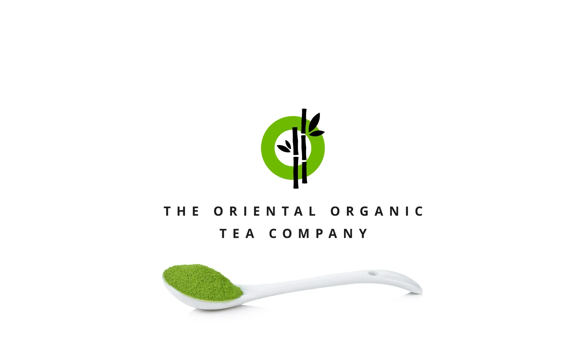Logo for The Oriental Organic Tea Company: green matcha tea in a spoon, bamboo, and text on white.