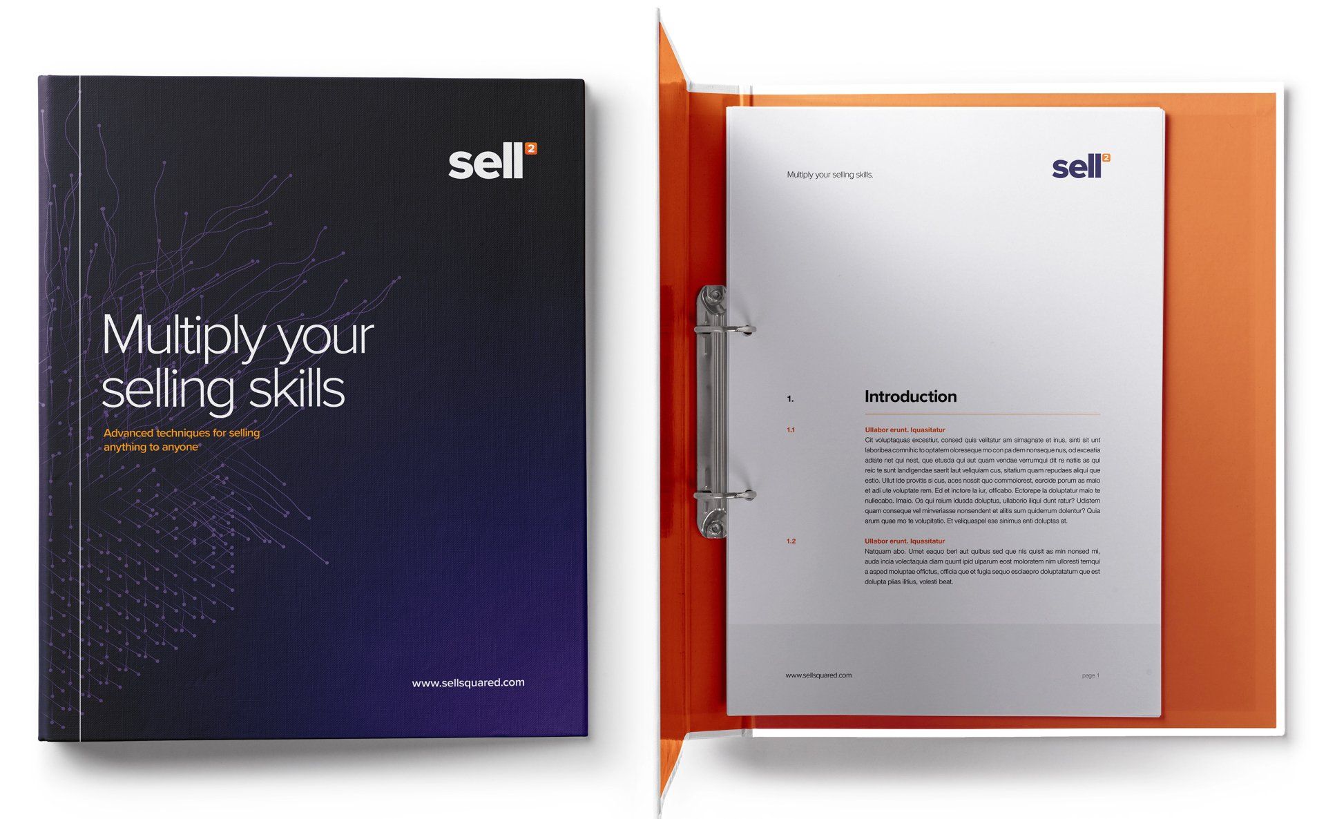 Black and purple Sell™ binder with text 