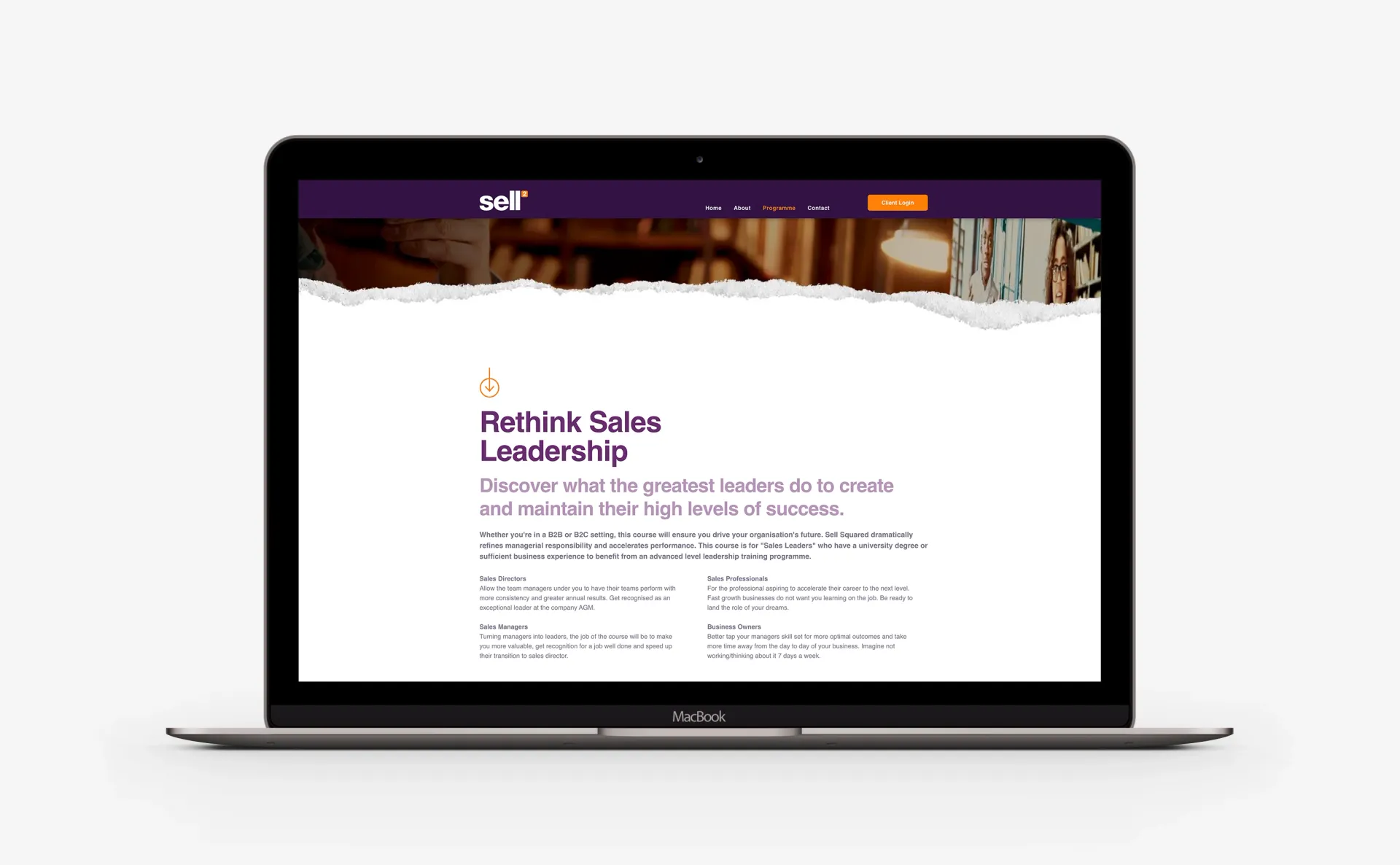 Laptop showing webpage: Arbin's Sales Leadership with text and logo in purple and orange.