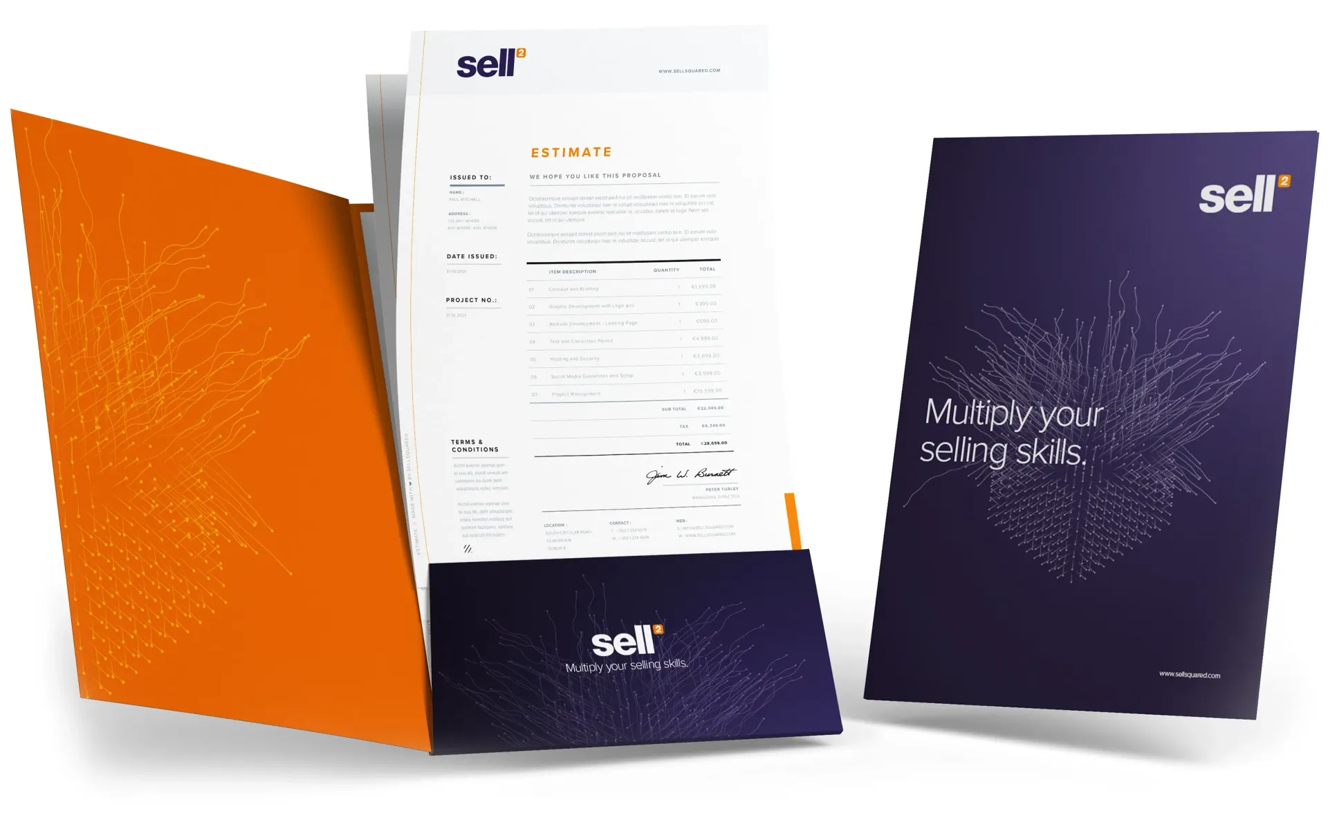 Orange folder with papers and a purple cover labeled 