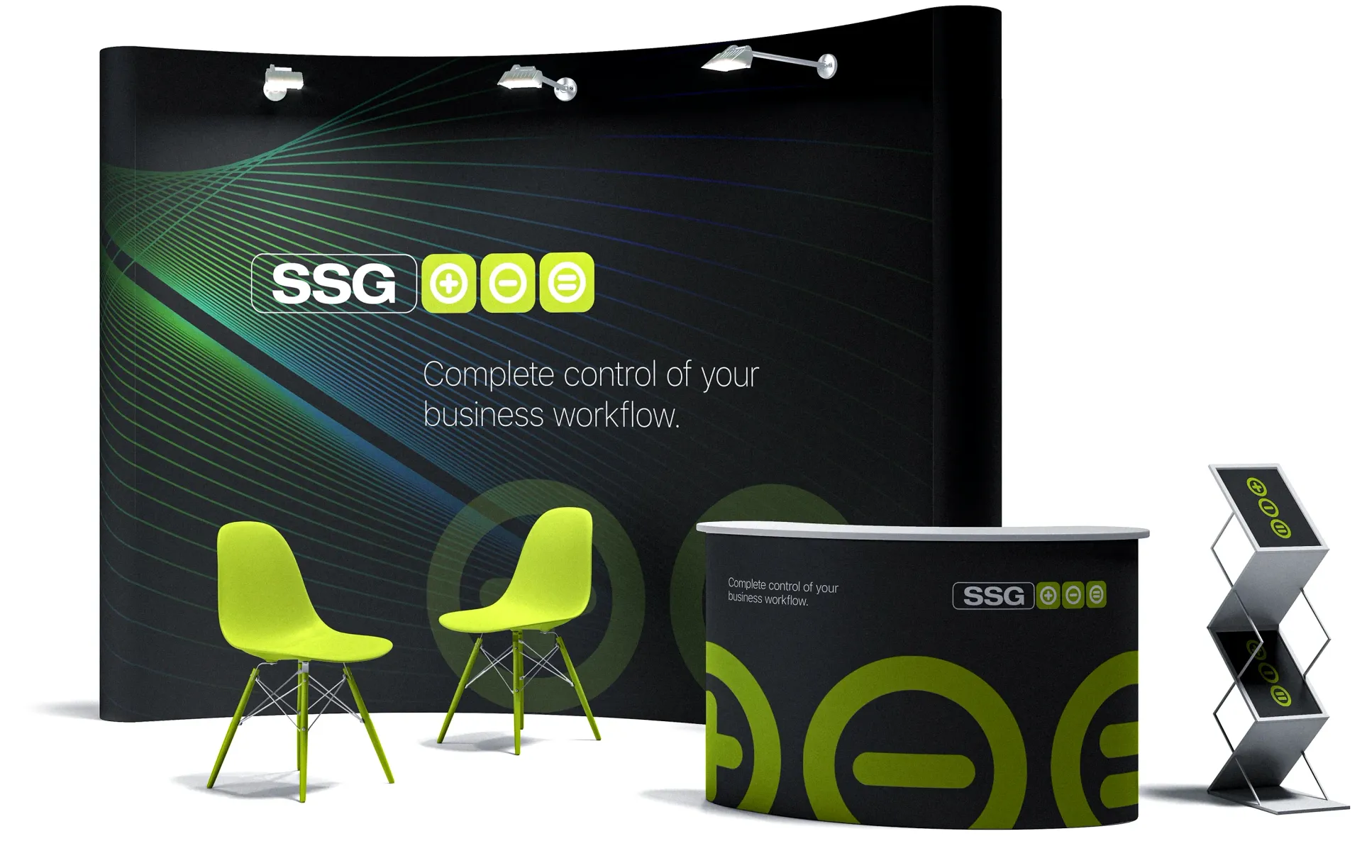 Trade show booth with black backdrop, chairs, podium, and literature stand.