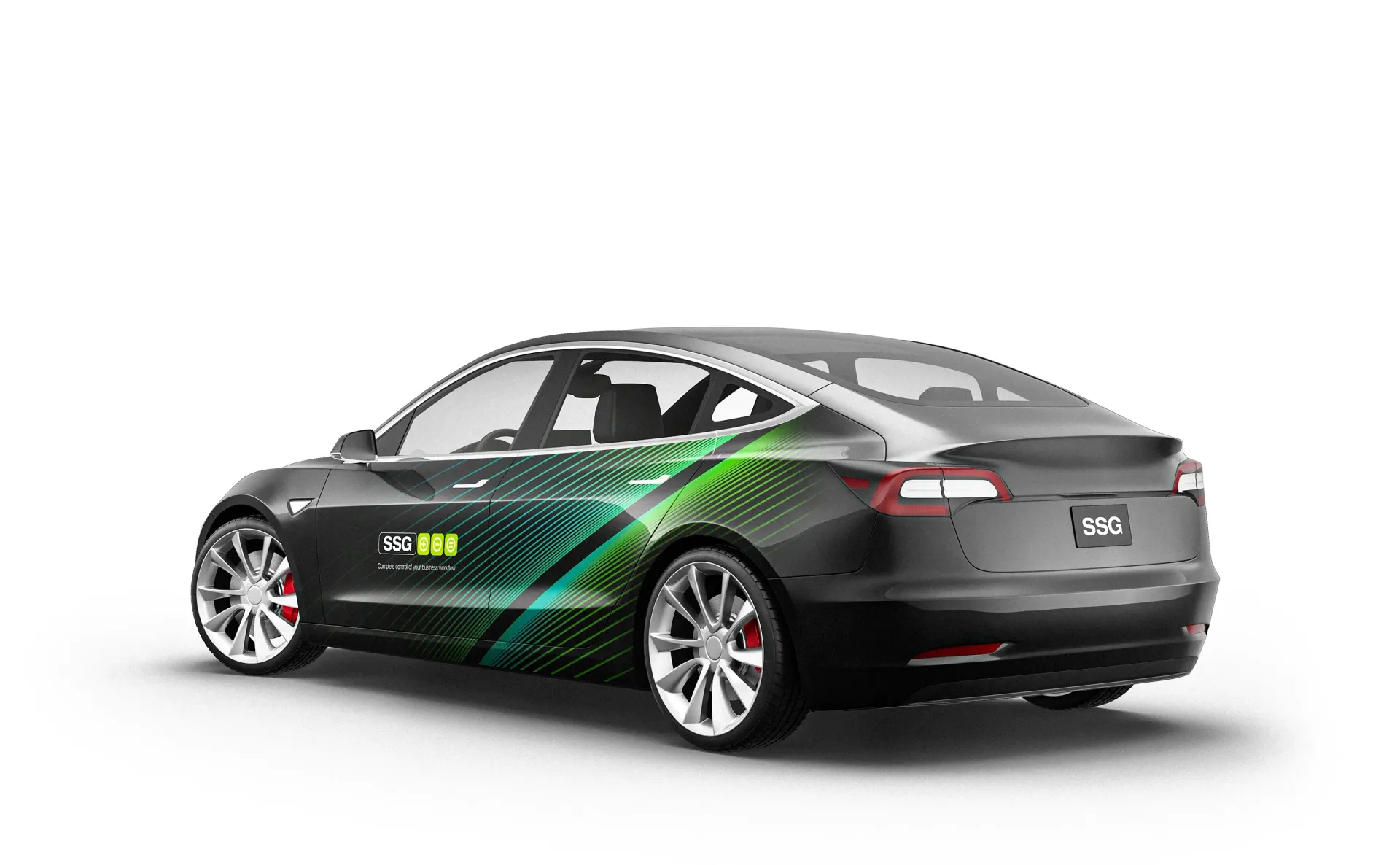 Dark gray Tesla car with green and blue abstract design on the side; a logo is visible.