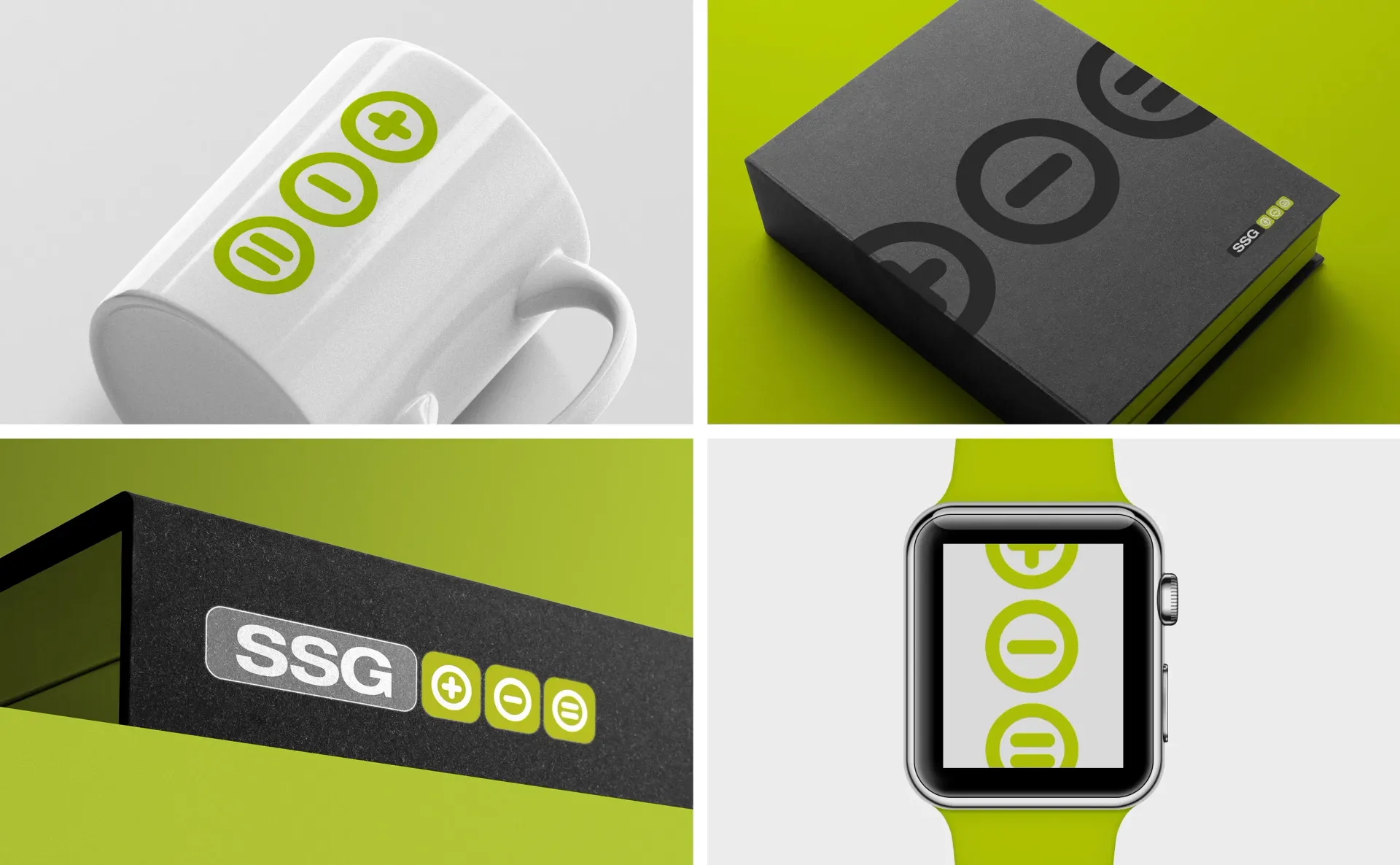 Four product mockups with a repeating green design: mug, box, tech device, and smartwatch.