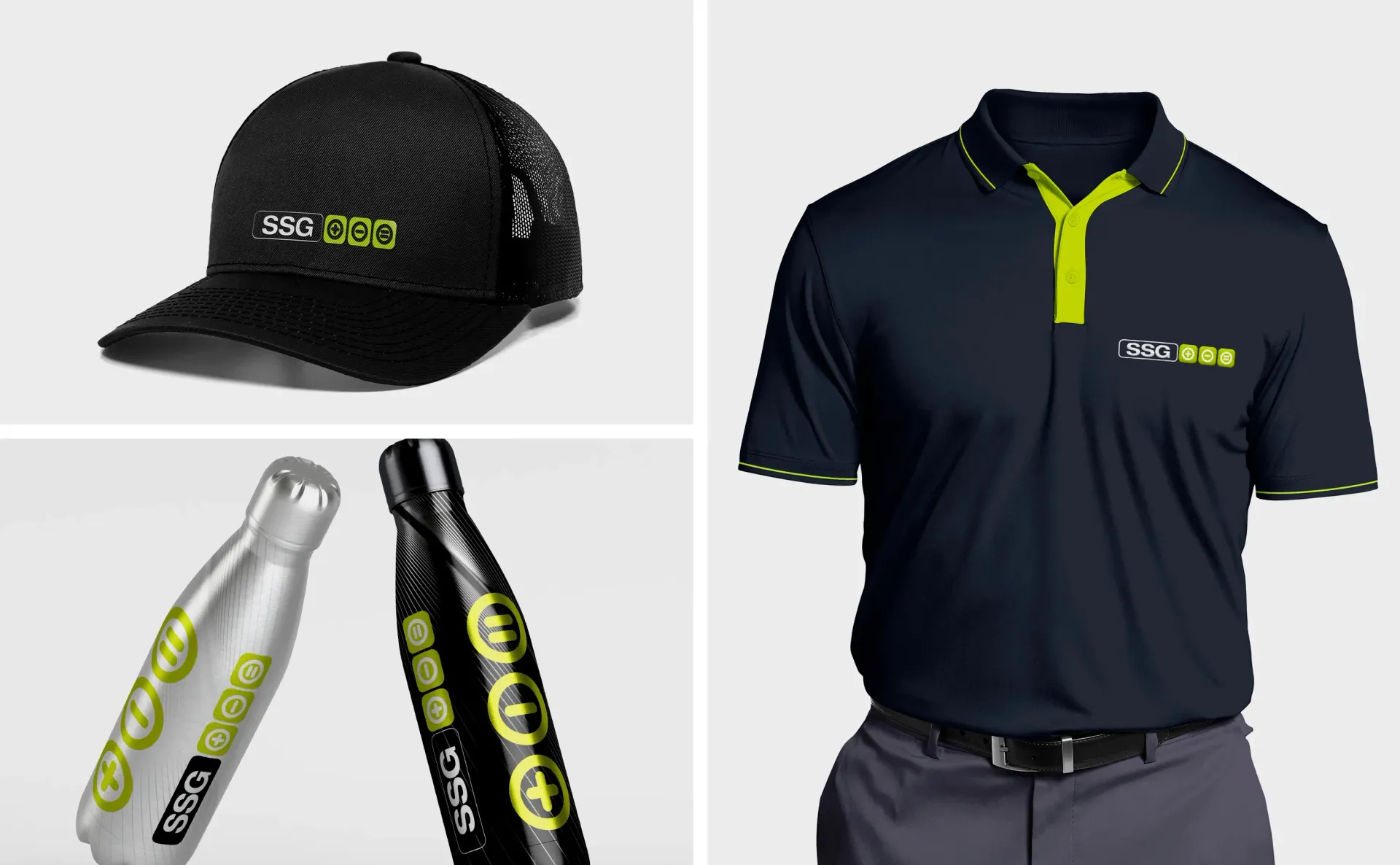 Black hat, navy polo shirt, and water bottles with a yellow-green logo.