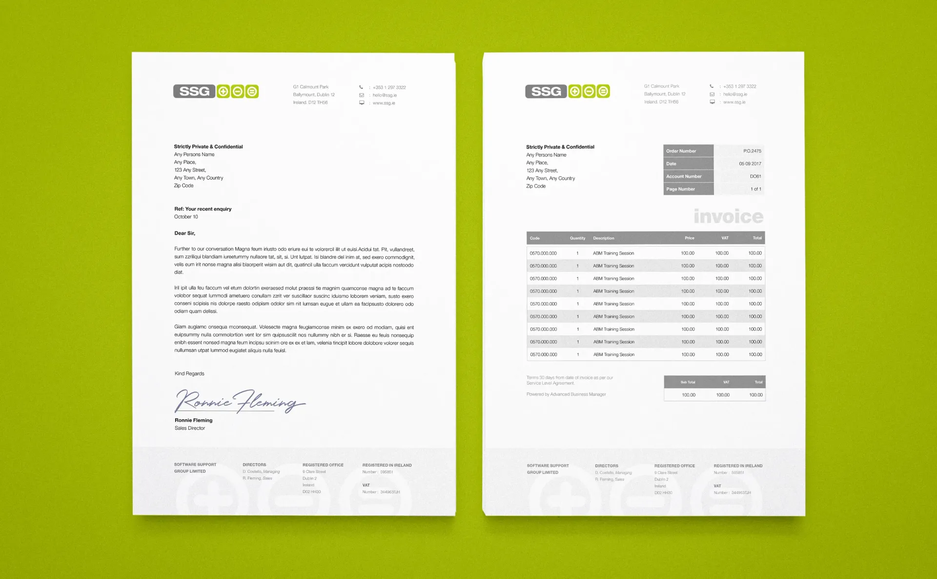 Two white documents on a green background. One is a letter with a logo. The other is an invoice with details and a total.