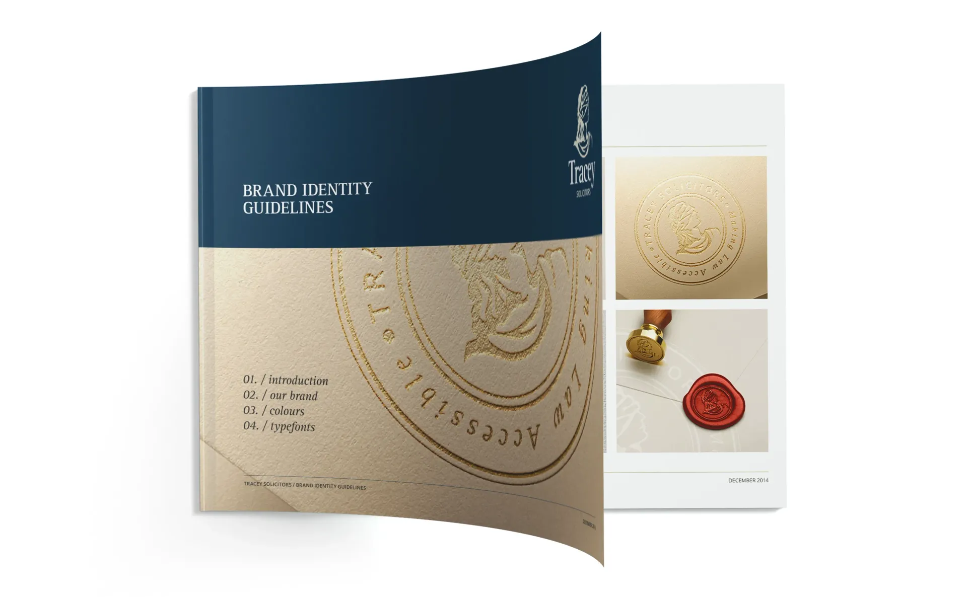 Book with navy blue and tan cover, featuring gold embossed design. Two inset photos show details.