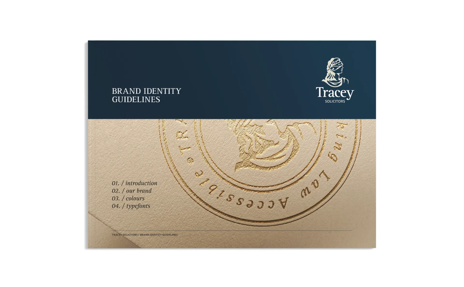 Brand identity guidelines document with a navy and gold color scheme and a logo.