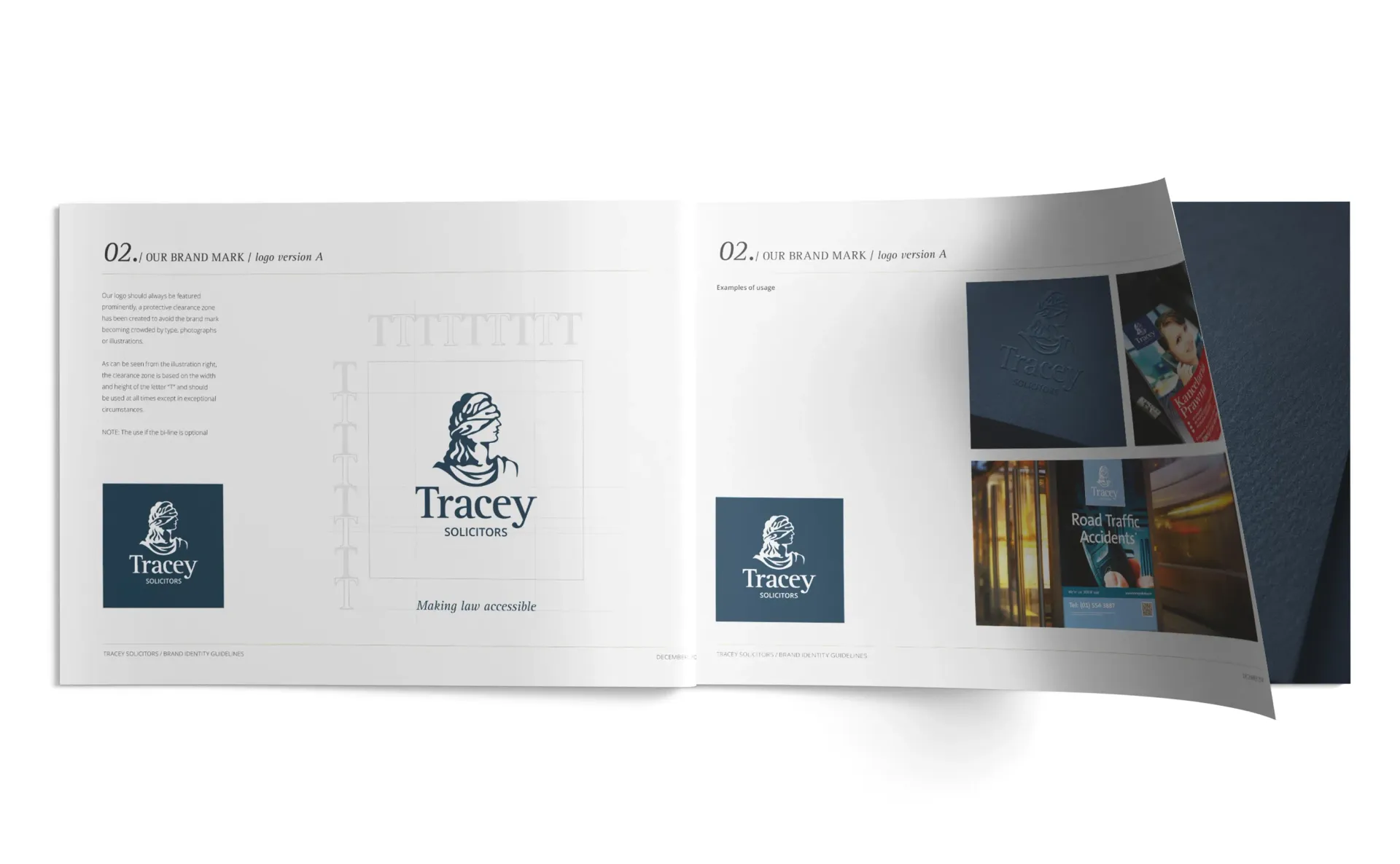 Open book with logo designs on left and product photos on right. Blue, white, and tan colors.