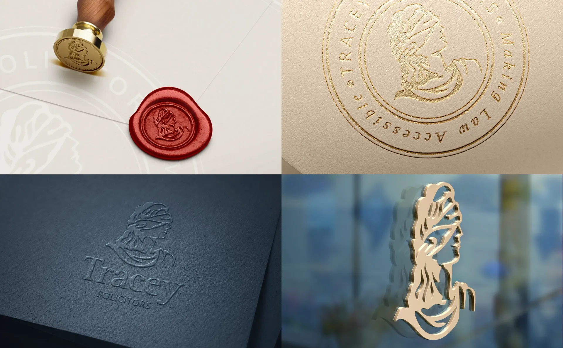 Four different applications of a gold logo featuring a stylized figure: a wax seal, stationery, embossed on a box, and on glass.