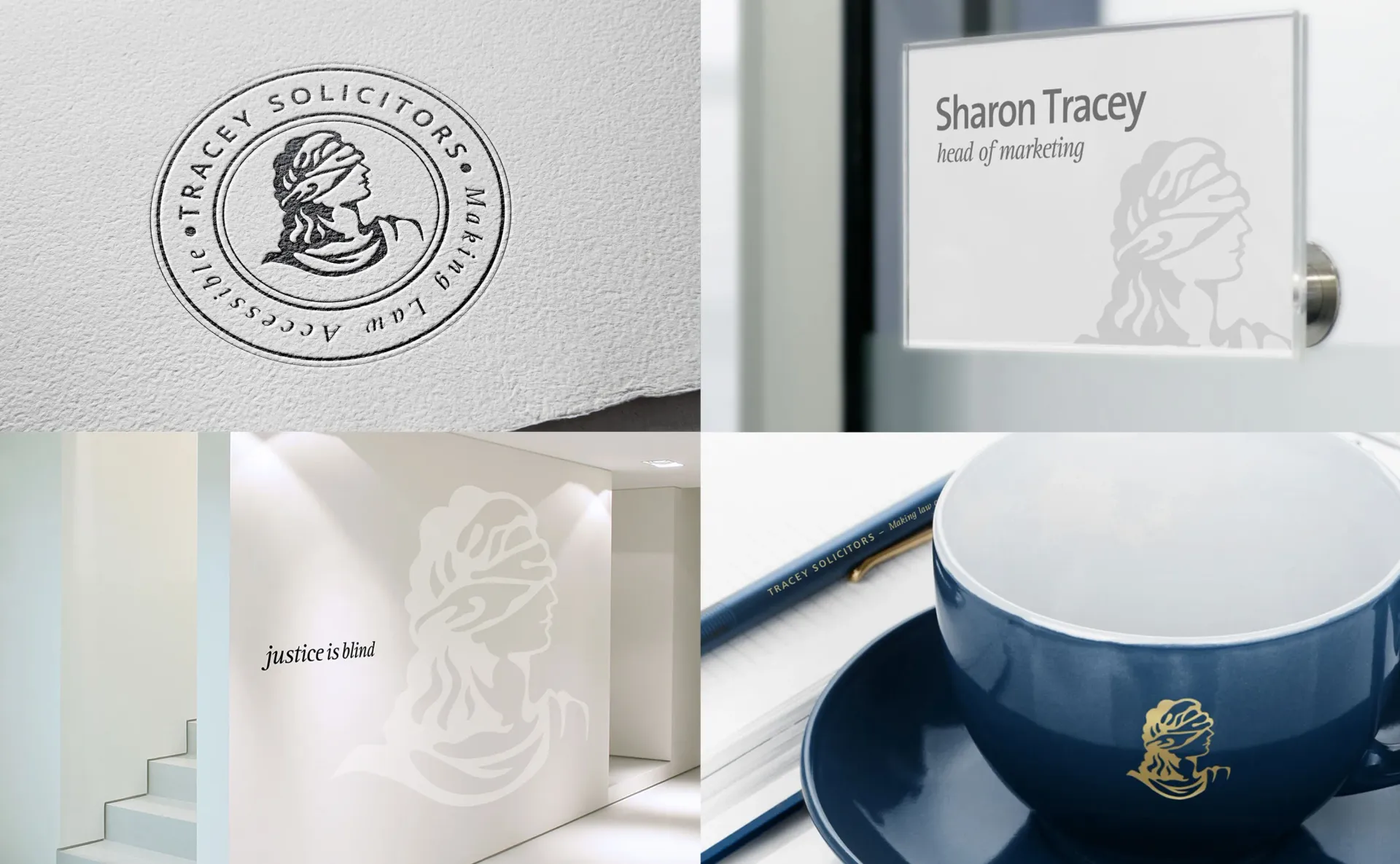 Four images of a law firm's branding featuring a blindfolded woman: logo, door sign, wall graphic, teacup.