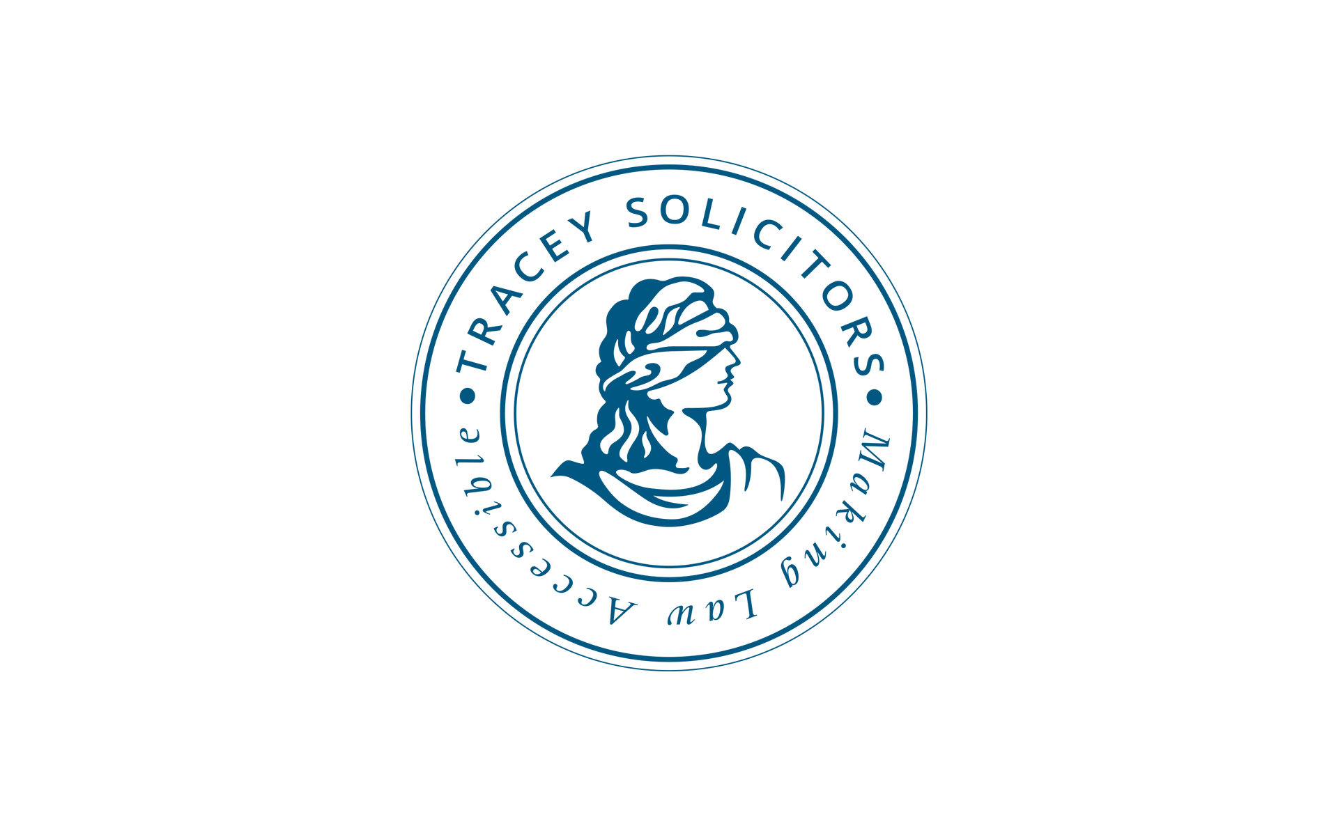 Logo of Tracey Solicitors: a blue circular stamp with lady of justice illustration and text 