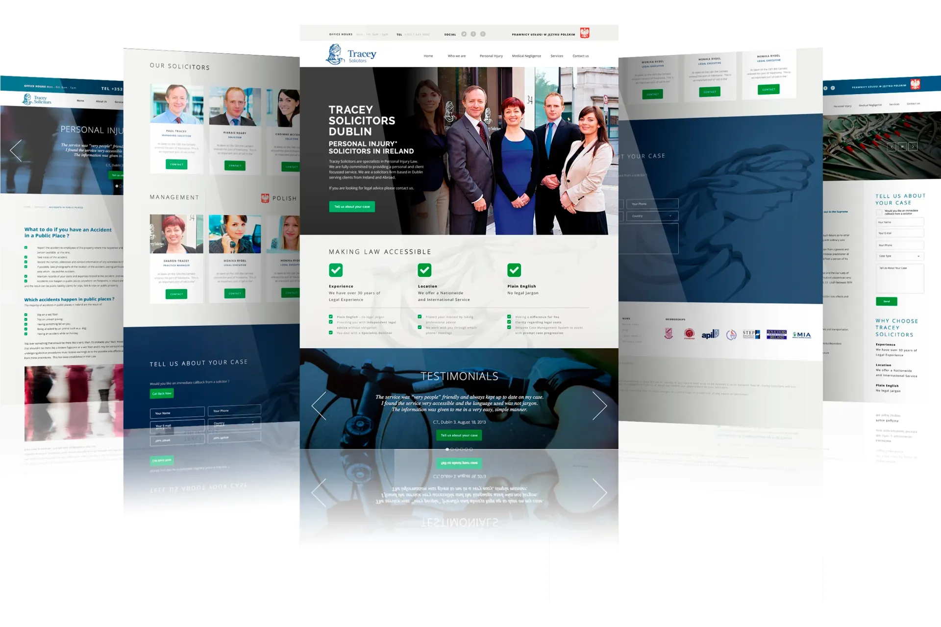 Several website mockups with a teal and green color scheme; showcasing team members and services.