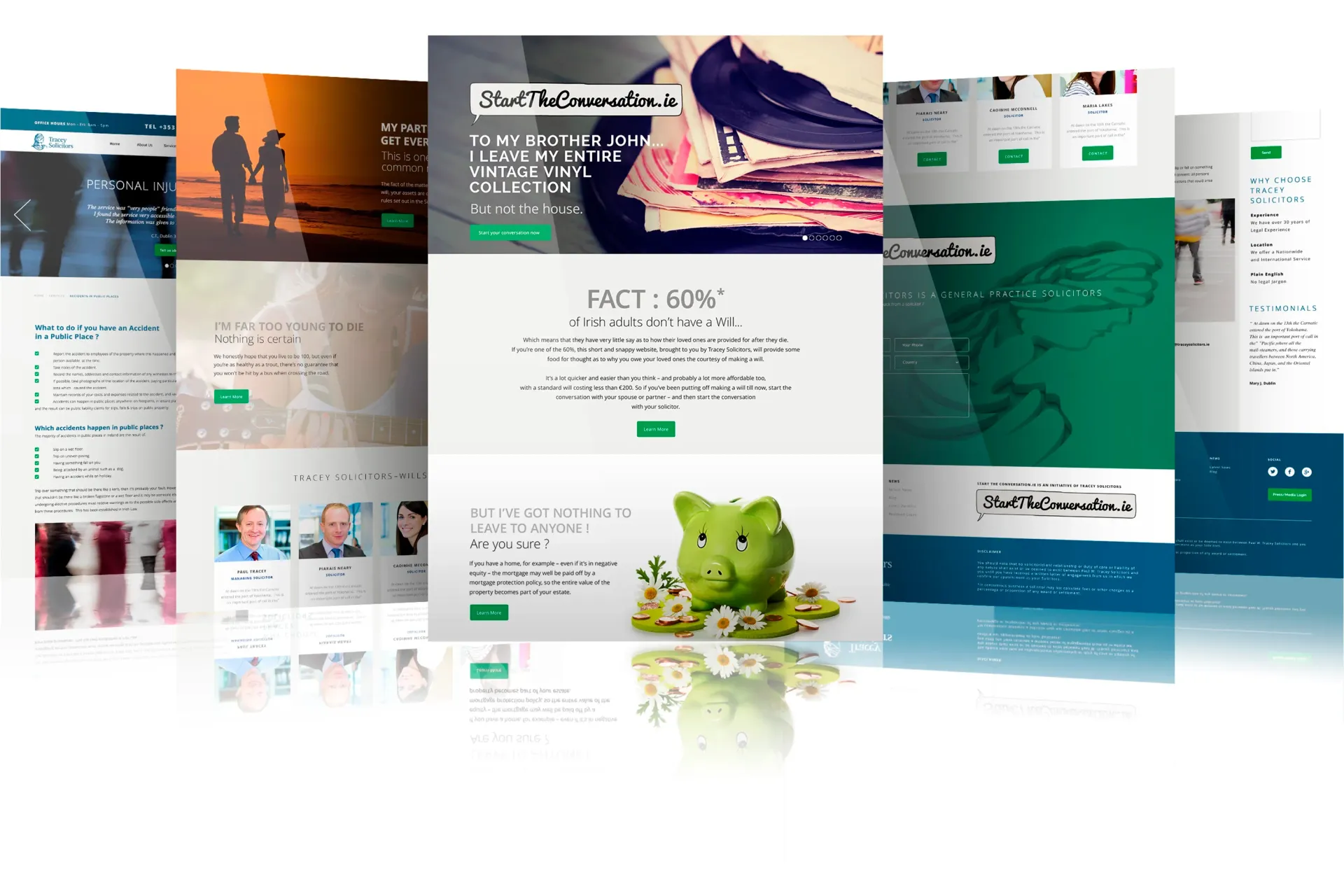 Website mockups with diverse designs, using green and other colors, displayed over a reflective surface.