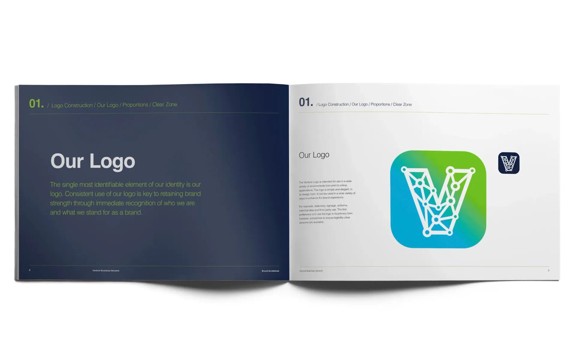 Open book showing a logo design guide. The logo is a stylized 