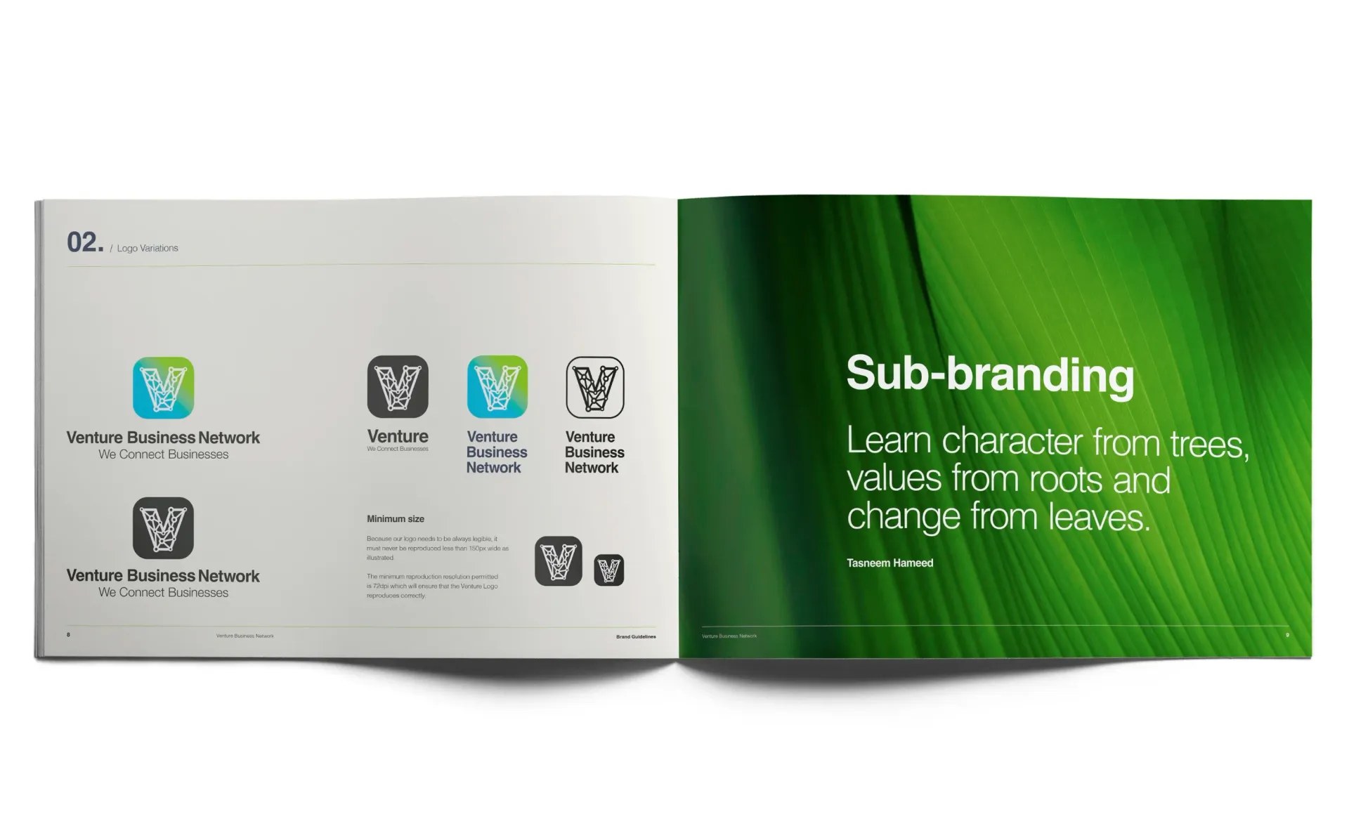 Open book: Branding guide displays logos on the left and 