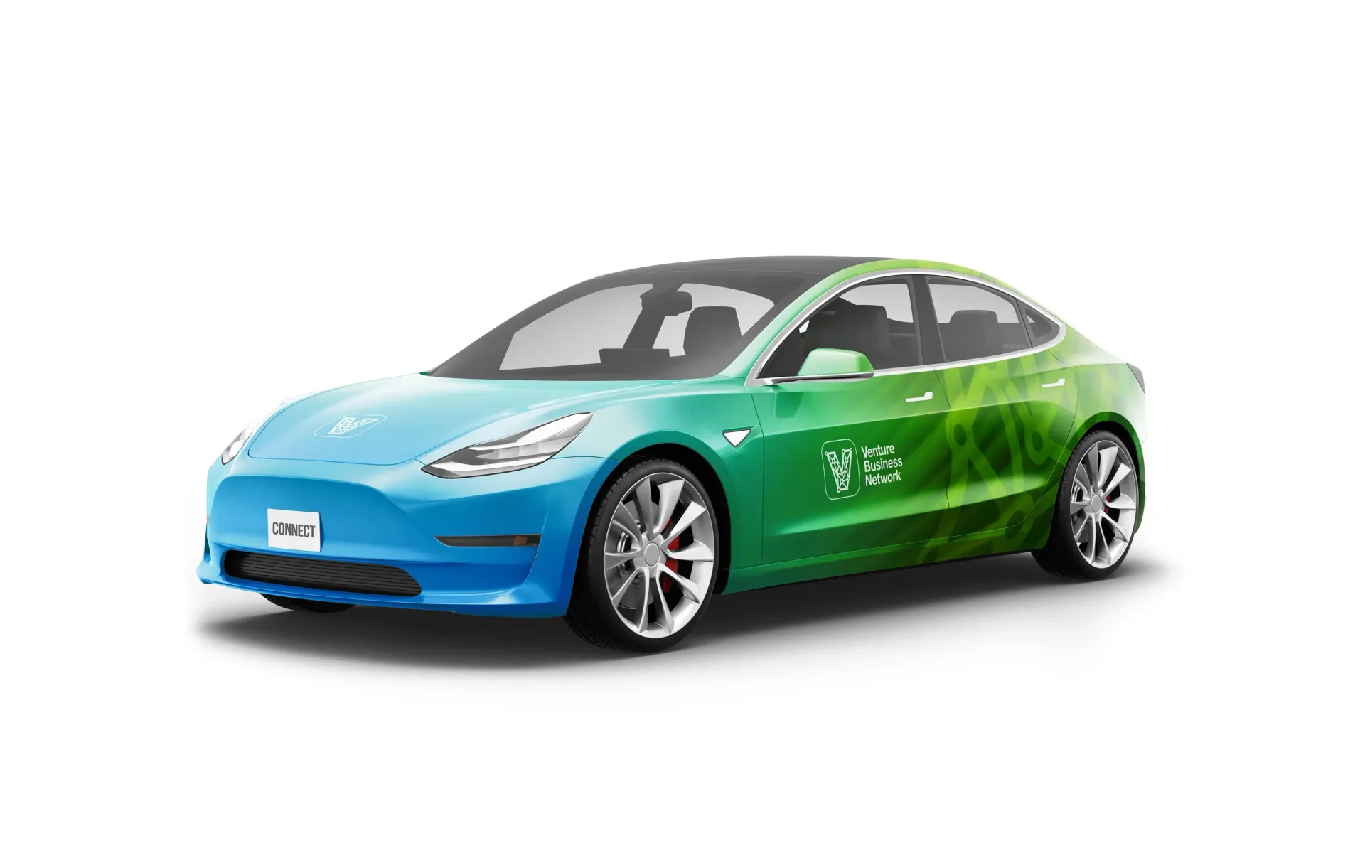Tesla Model 3, two-tone blue and green, with grass-like design, parked on a white background.