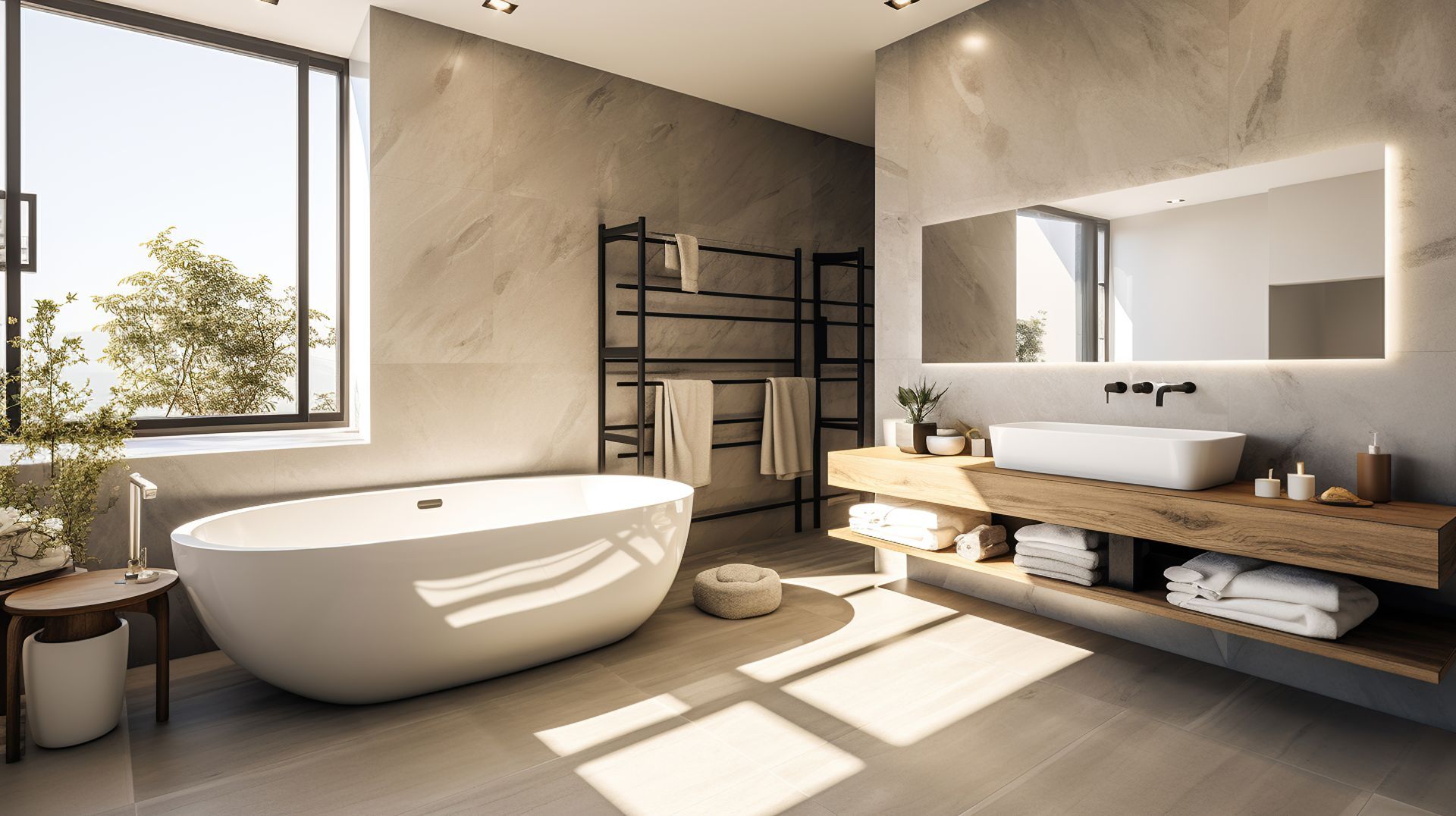 Modern bathroom with a bathtub, floating sink, and large window.