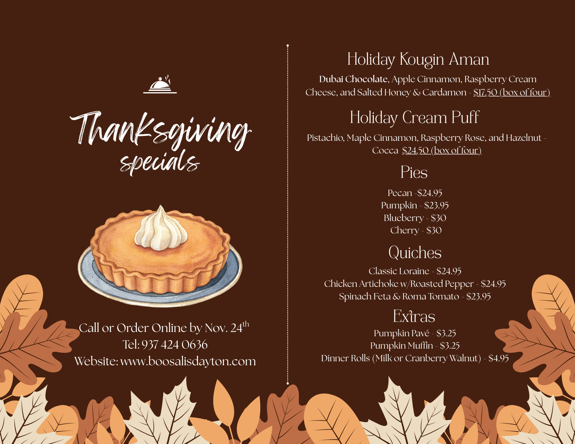 Thanksgiving specials menu: pie graphic, desserts, pastries, brown background, fall leaves.