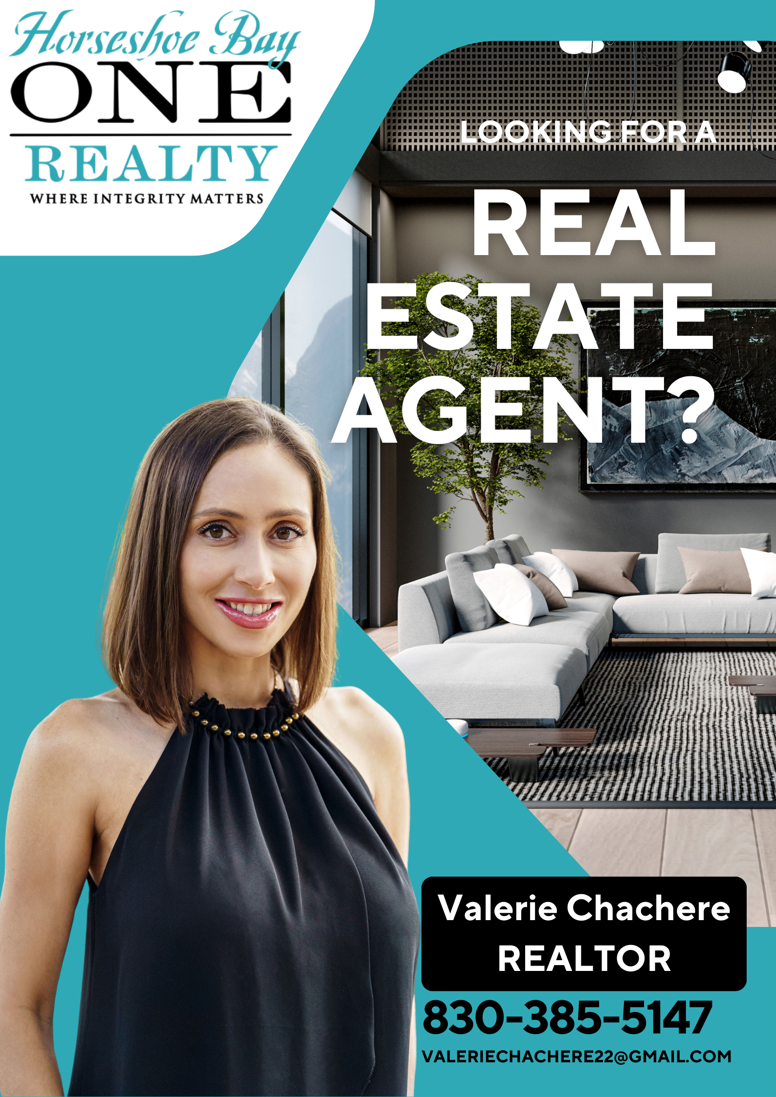 Real estate agent Valerie Chachere, posing. Ad in turquoise, with luxury home photo and contact info.
