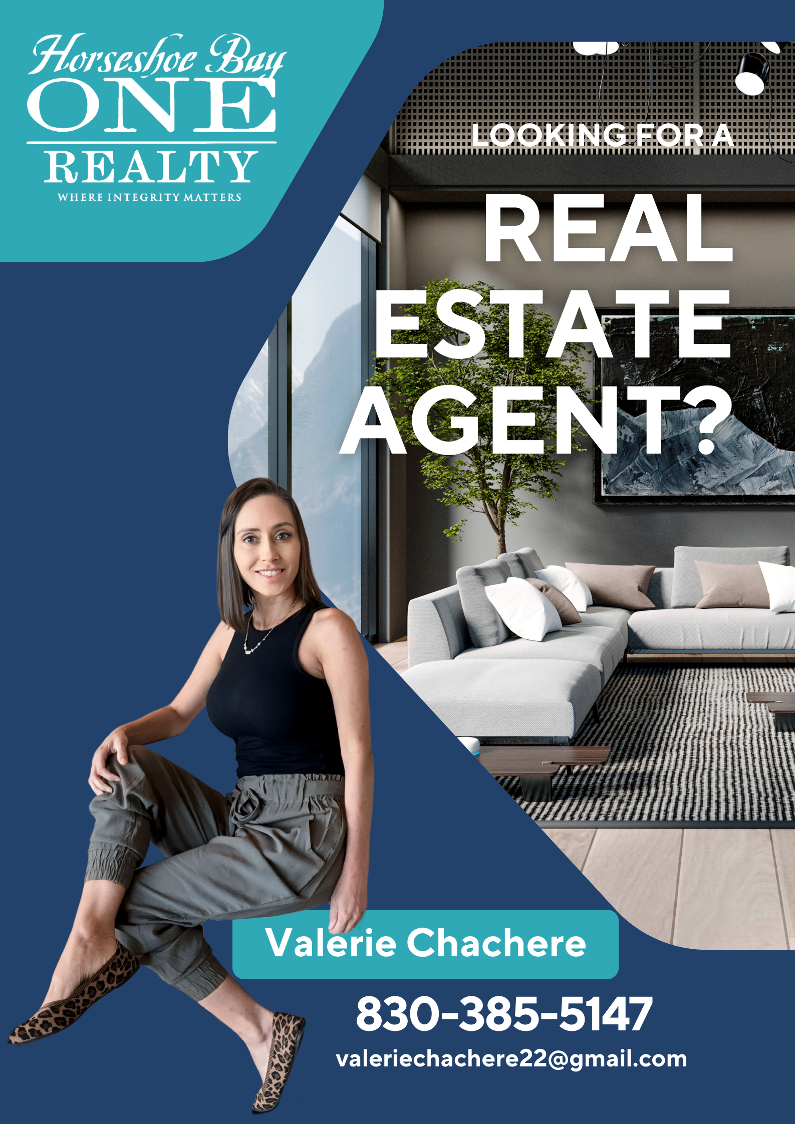 Woman in black top, gray pants, in front of a modern home interior. Blue and white text.