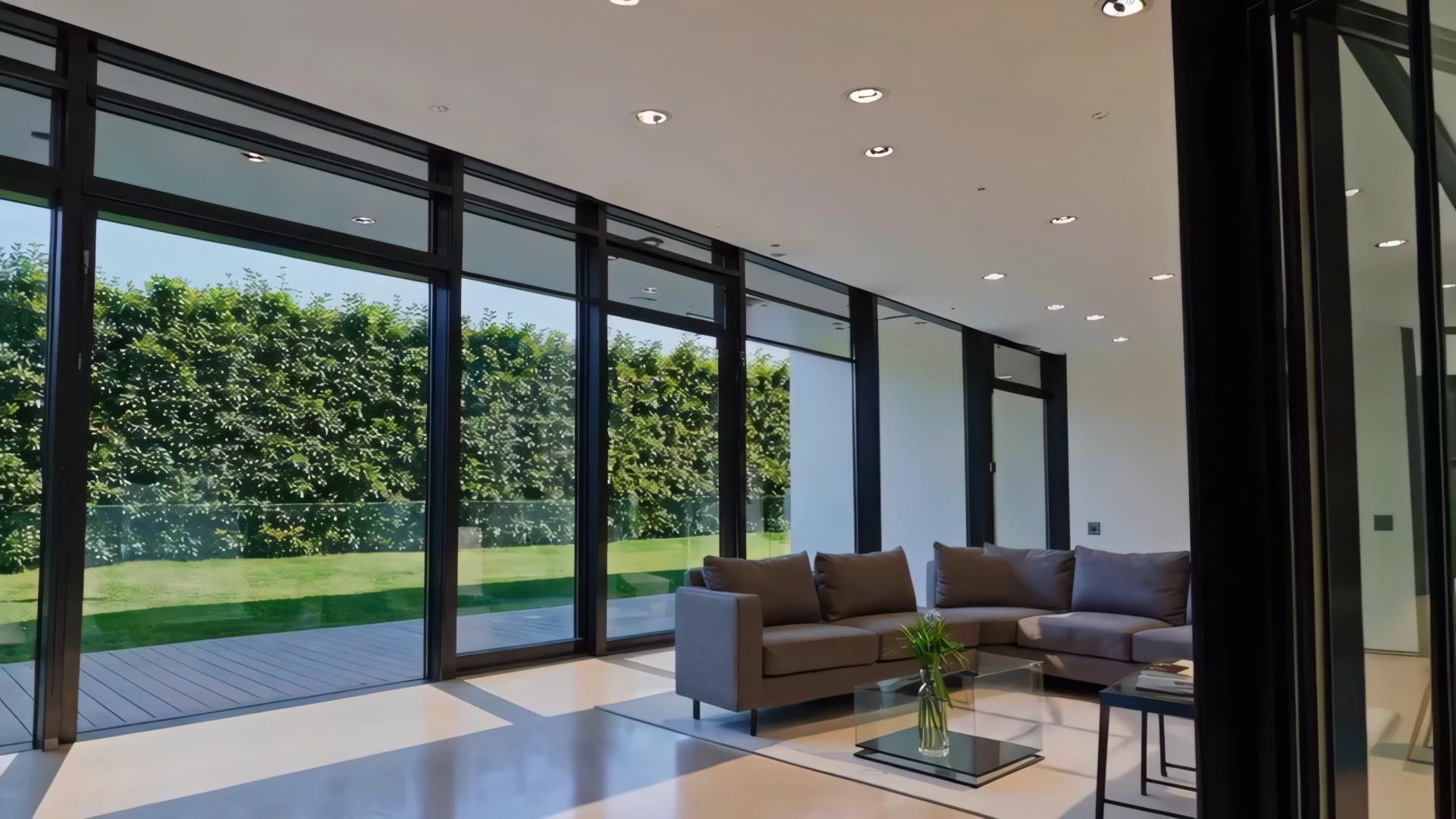Modern living room with floor-to-ceiling windows overlooking a green hedge. Gray sectional sofa, glass coffee table.