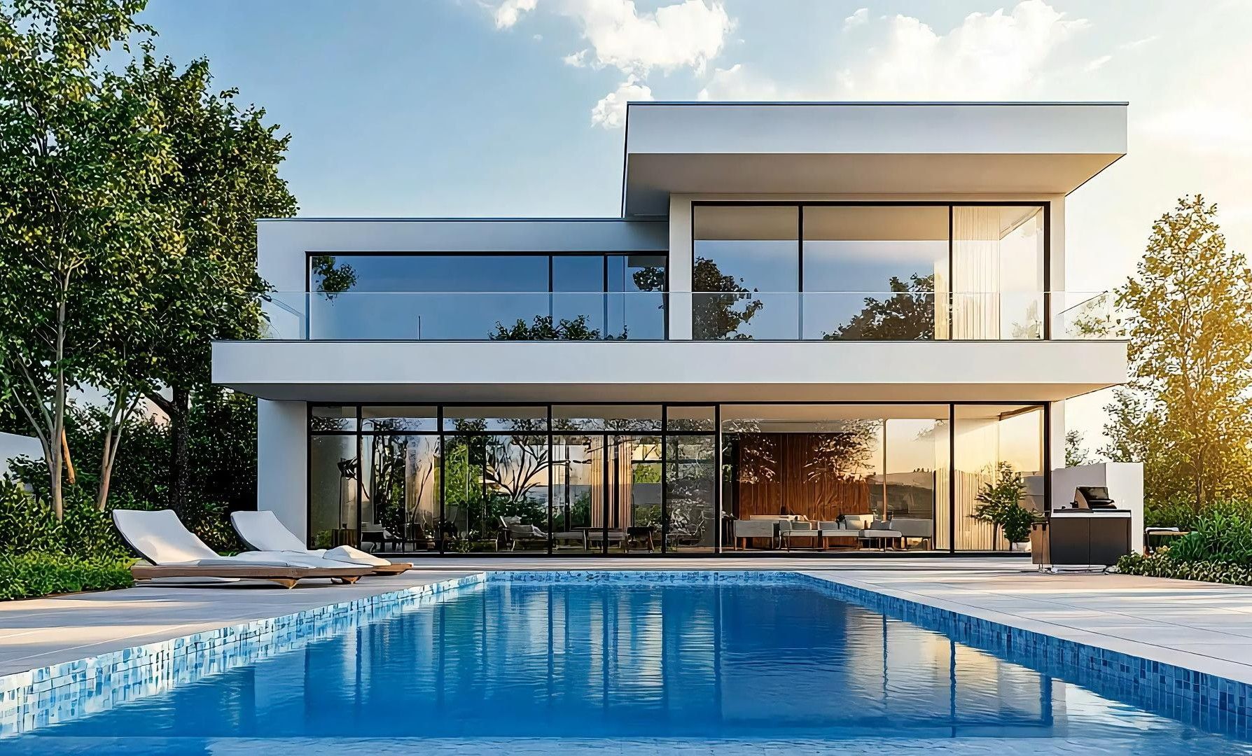 Modern two-story house with large windows, pool, and lounge chairs. Sunny outdoor setting.
