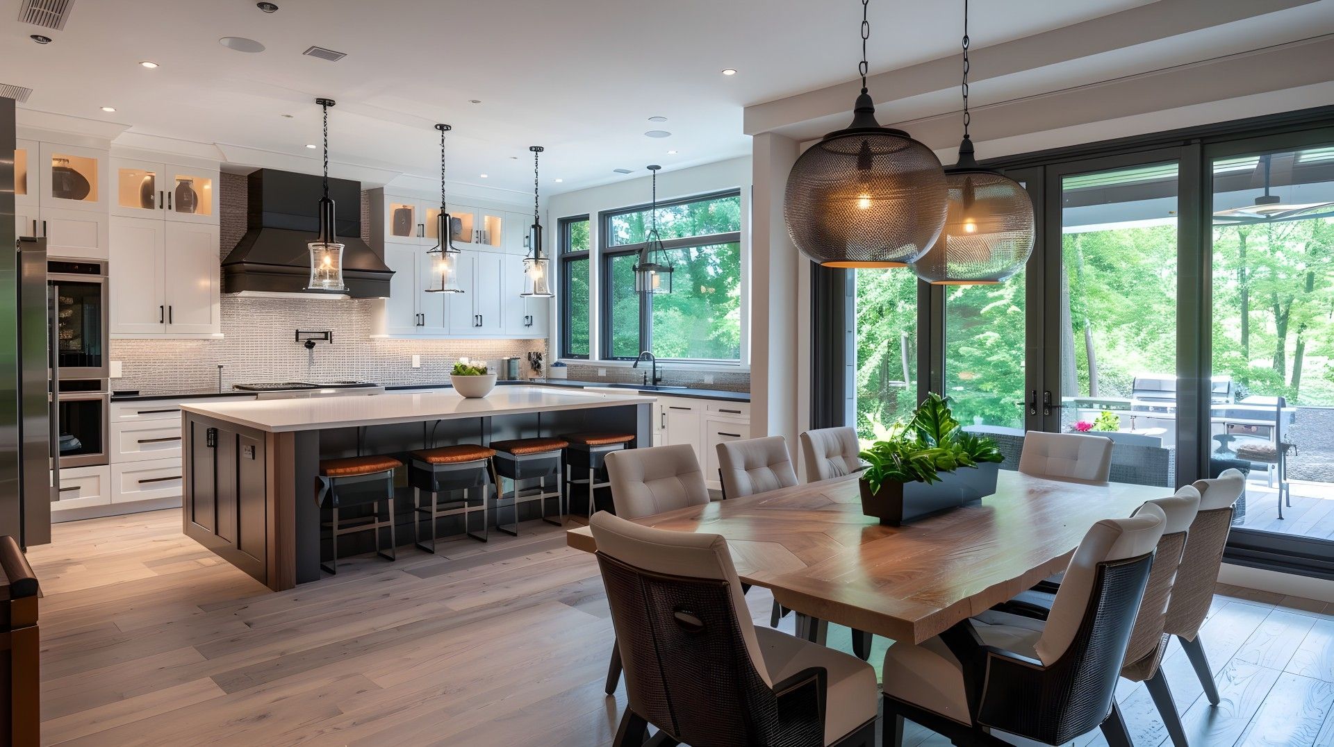 Modern kitchen with island, dining table, and large windows overlooking trees.