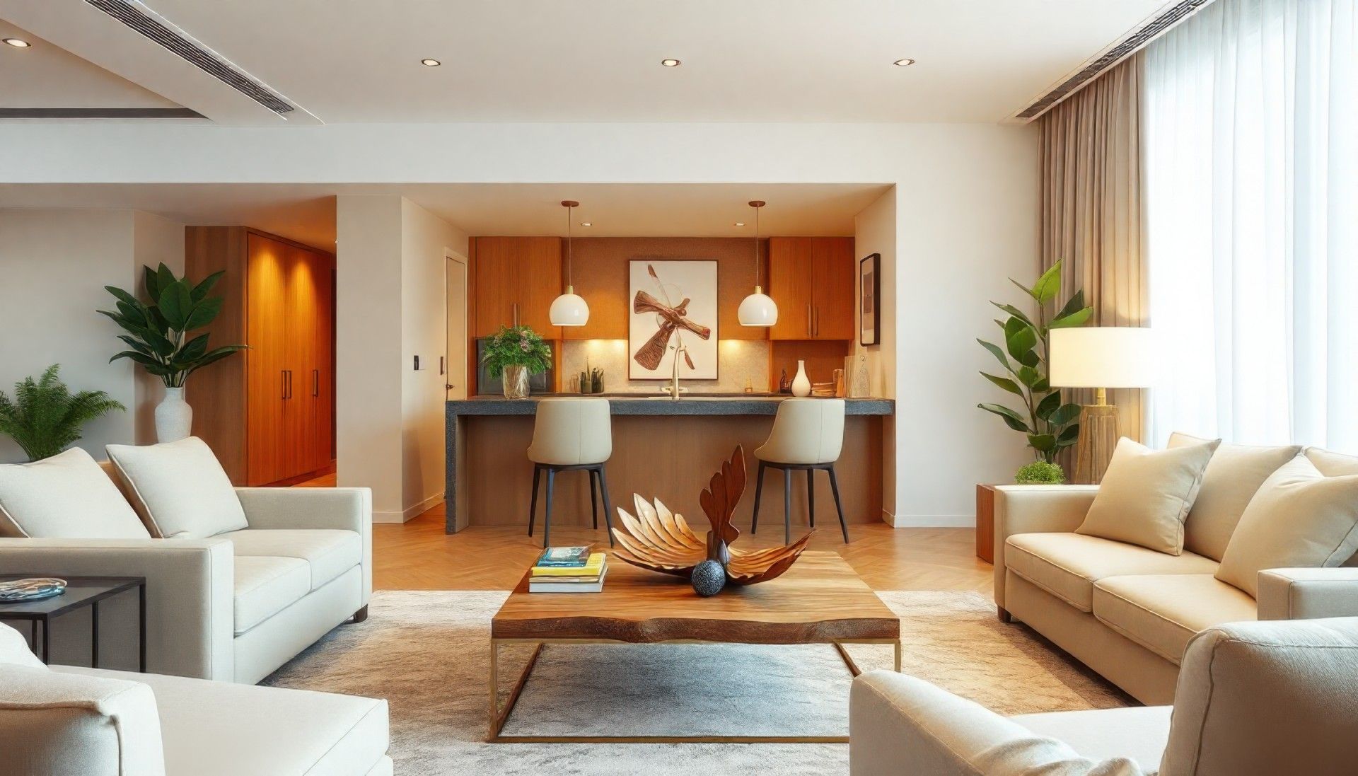 Living room with couches, kitchen, and bar stools, bathed in natural light, featuring neutral colors and modern décor.