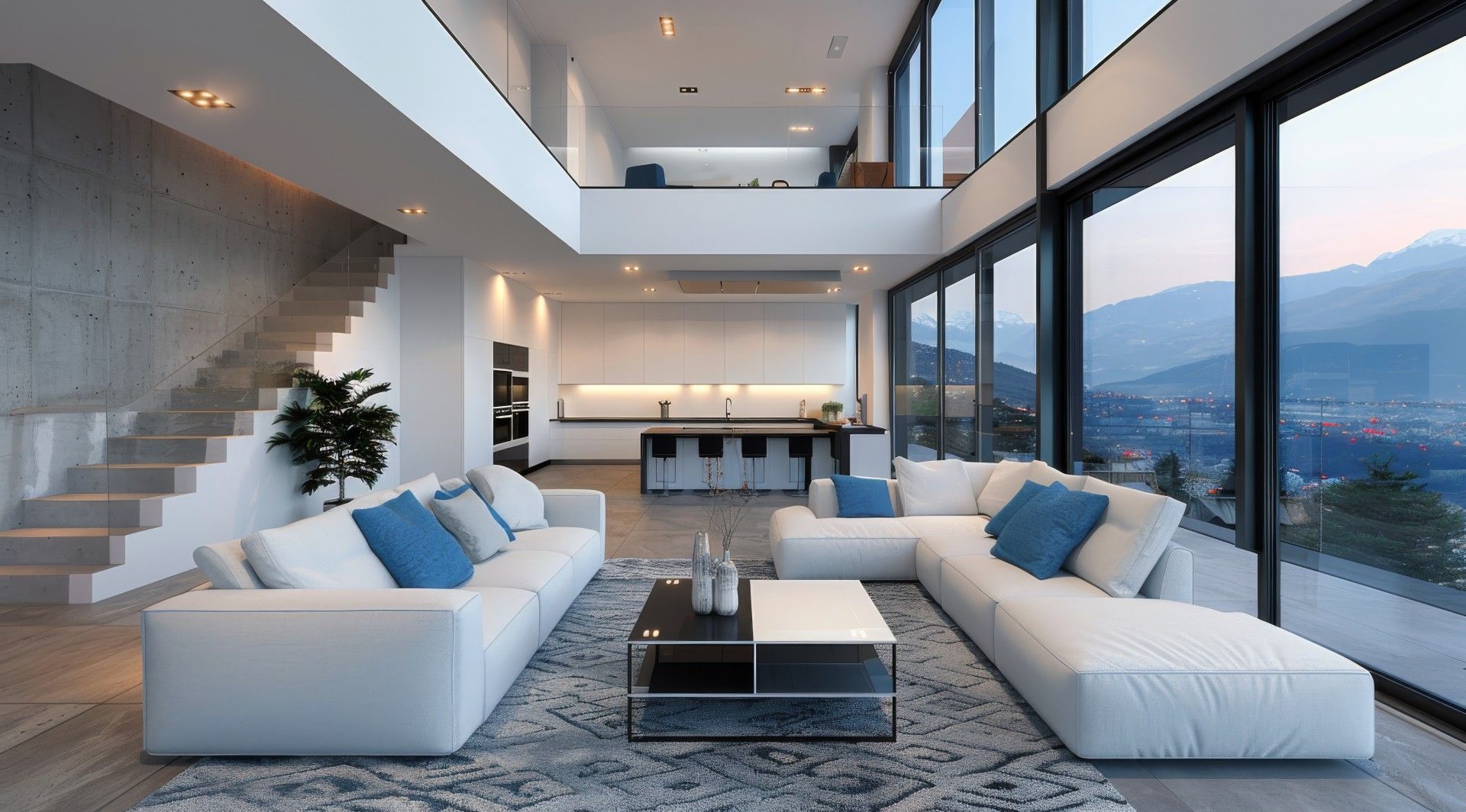 Modern living room with white sofas, large windows overlooking a city and mountains, and a staircase.