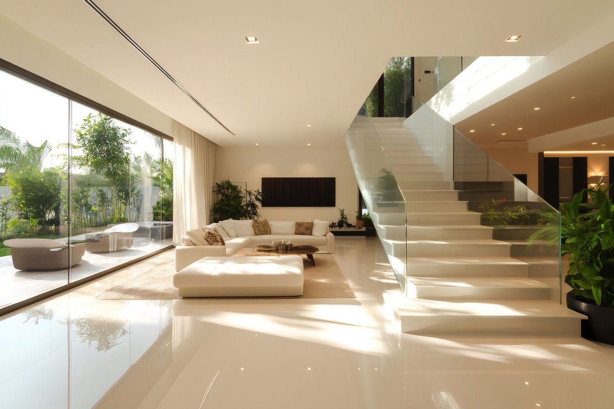 Modern white living room with glass staircase and large windows overlooking a patio.