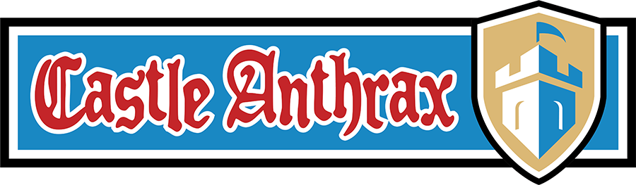 Logo for Castle Anthrax: Red text on blue with castle emblem.