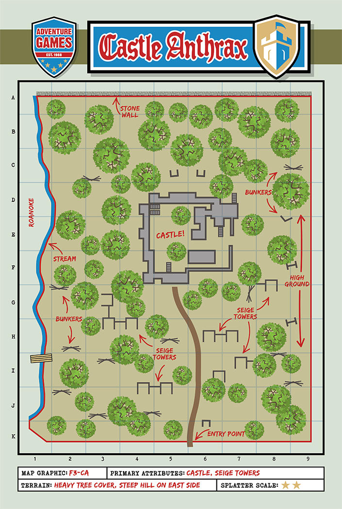 Map of Castle Anthrax, with a castle, trees, and river. Shows paths and grid.