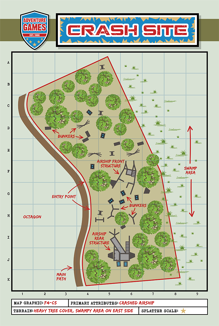 Map of a crash site. Tan ground with trees, wreckage, and a red outline. Blue and red header reads