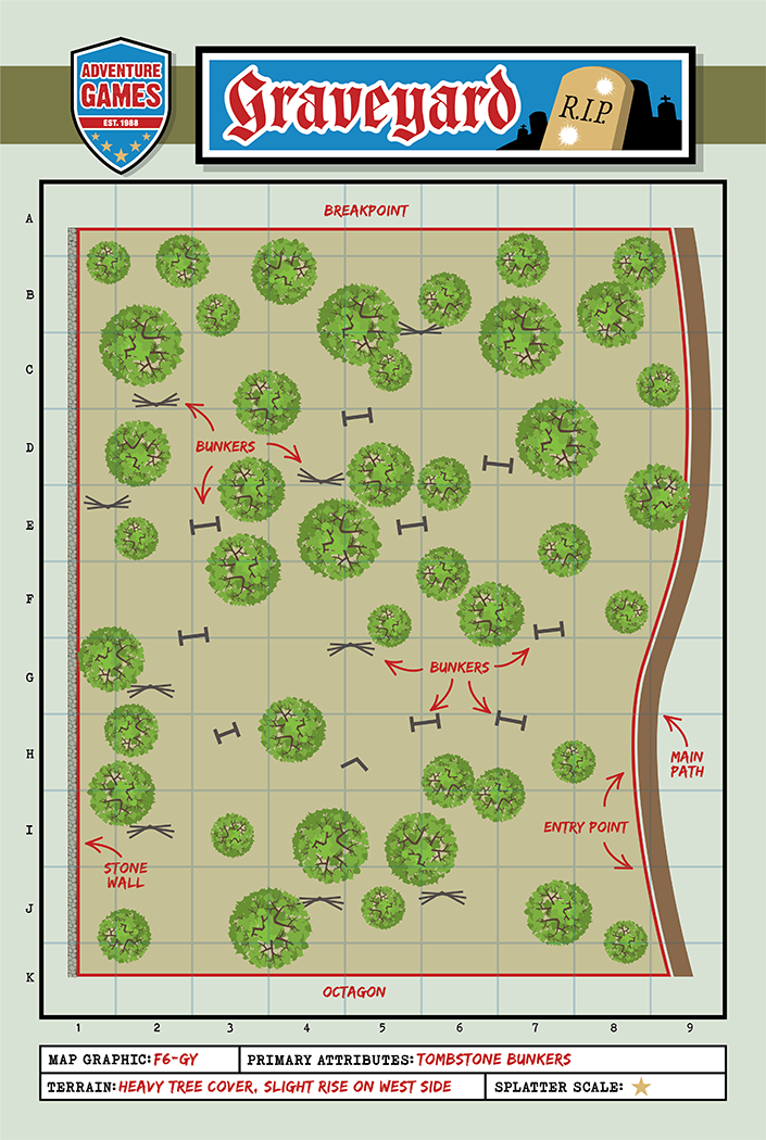Graveyard map with trees, paths, and a road. Grid background, tan color scheme.