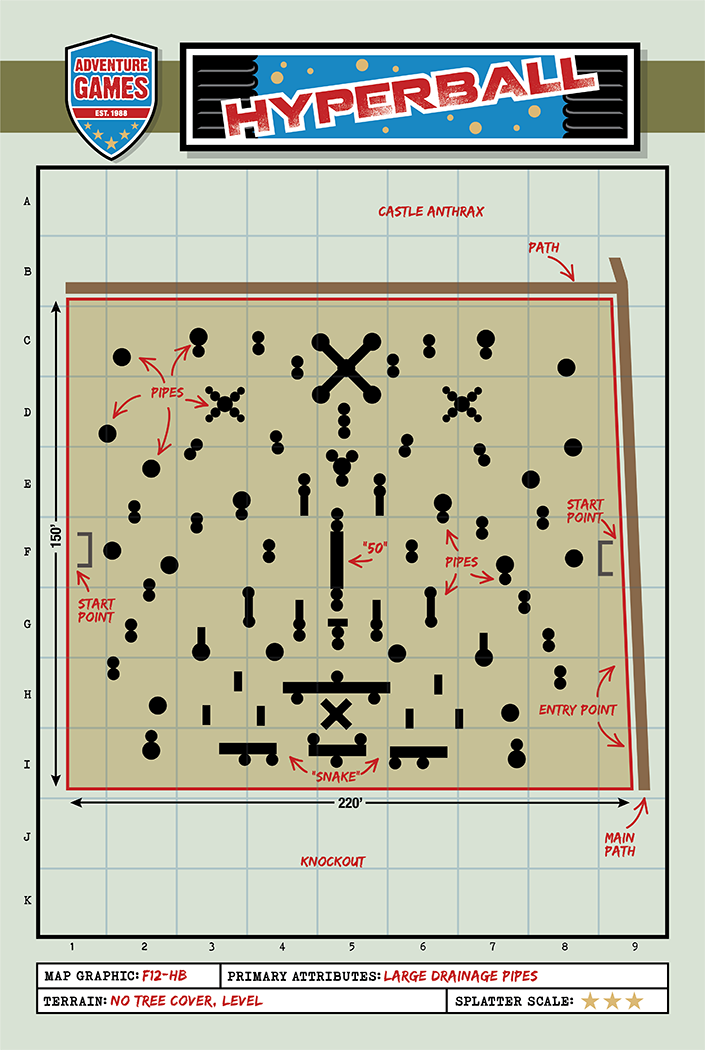 Paintball field layout. Brown rectangular field with black bunkers, labeled