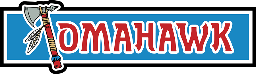 Logo with a blue rectangular background, red text