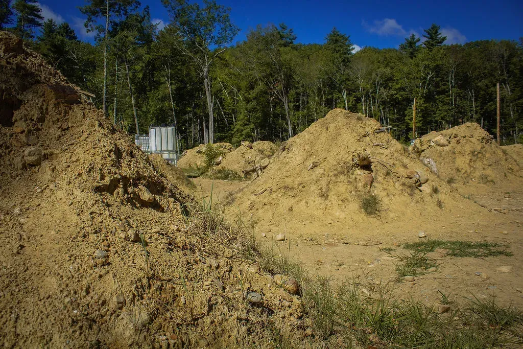 Wooden teepee structures in a forest. White siding with blue trim. Sunlight streams through the trees.