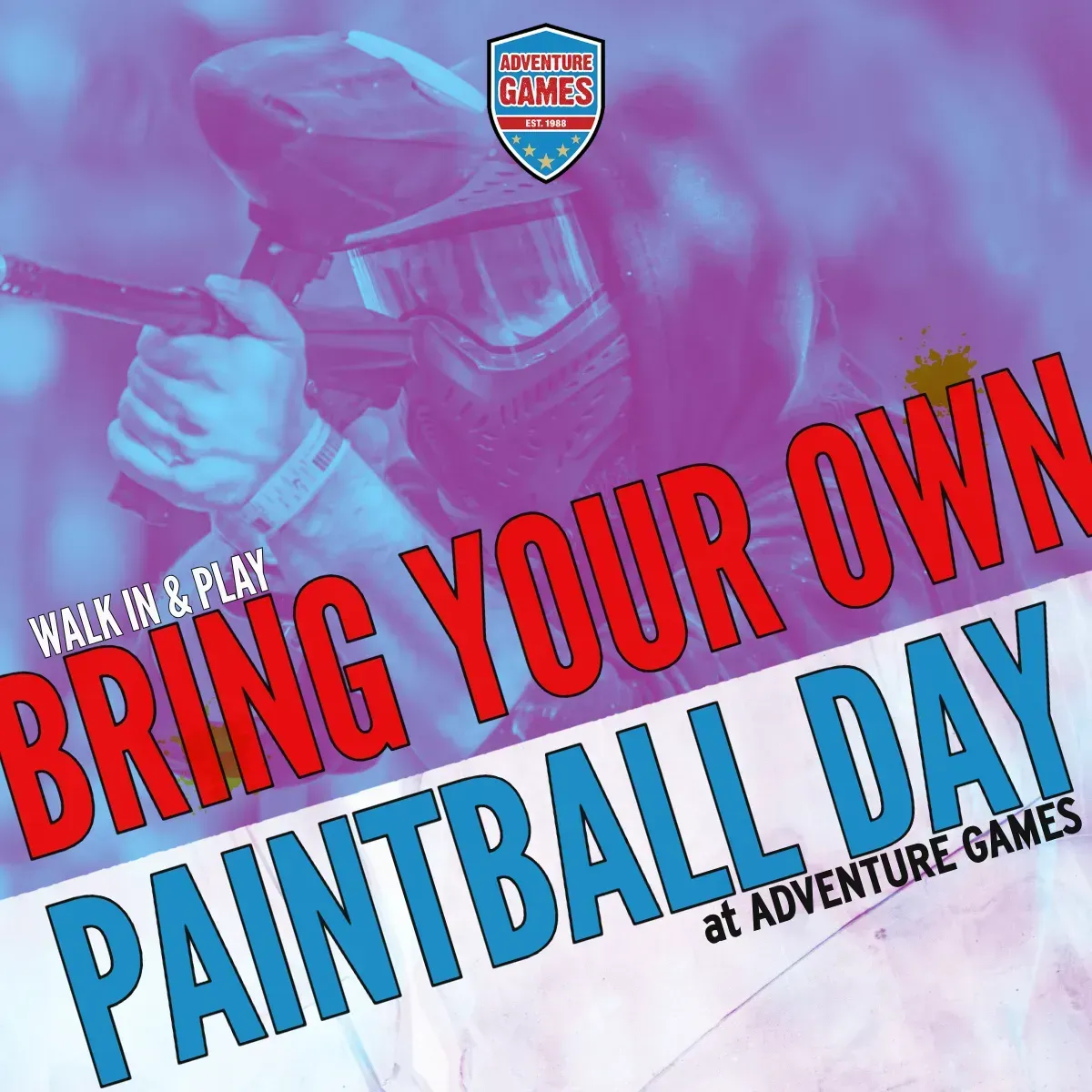Paintball player with red/blue text: 