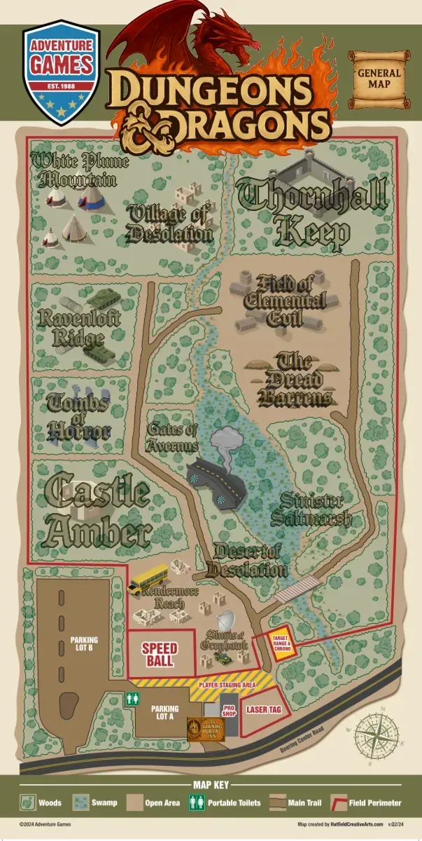 Map of a Vikings Battle of the Gods game site, showing buildings and terrain.
