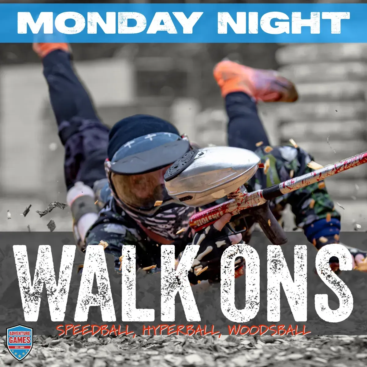 Monday Night Walk Ons: Paintball player diving forward, wearing protective gear.